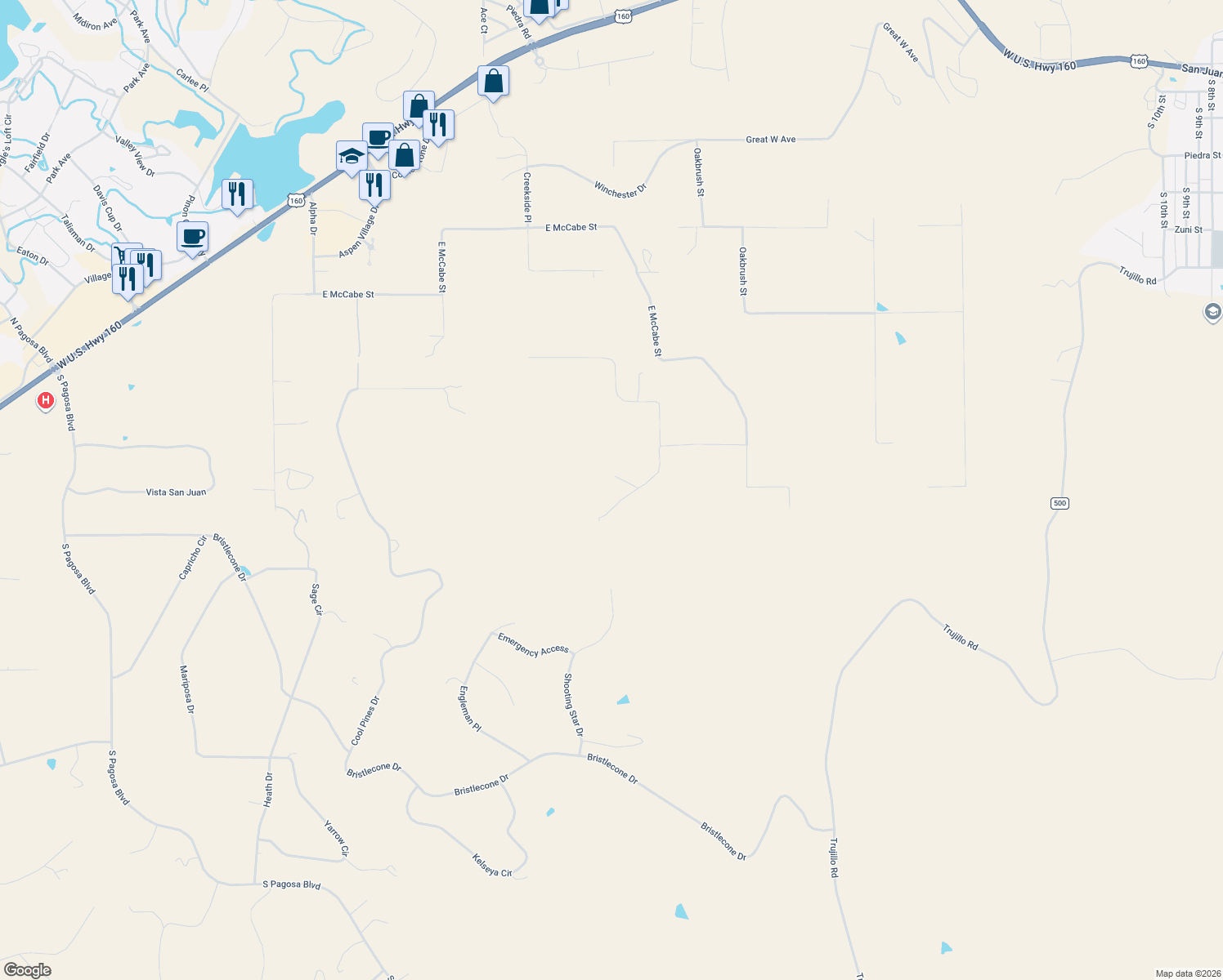 map of restaurants, bars, coffee shops, grocery stores, and more near 224 Quien Sabe Street in Pagosa Springs