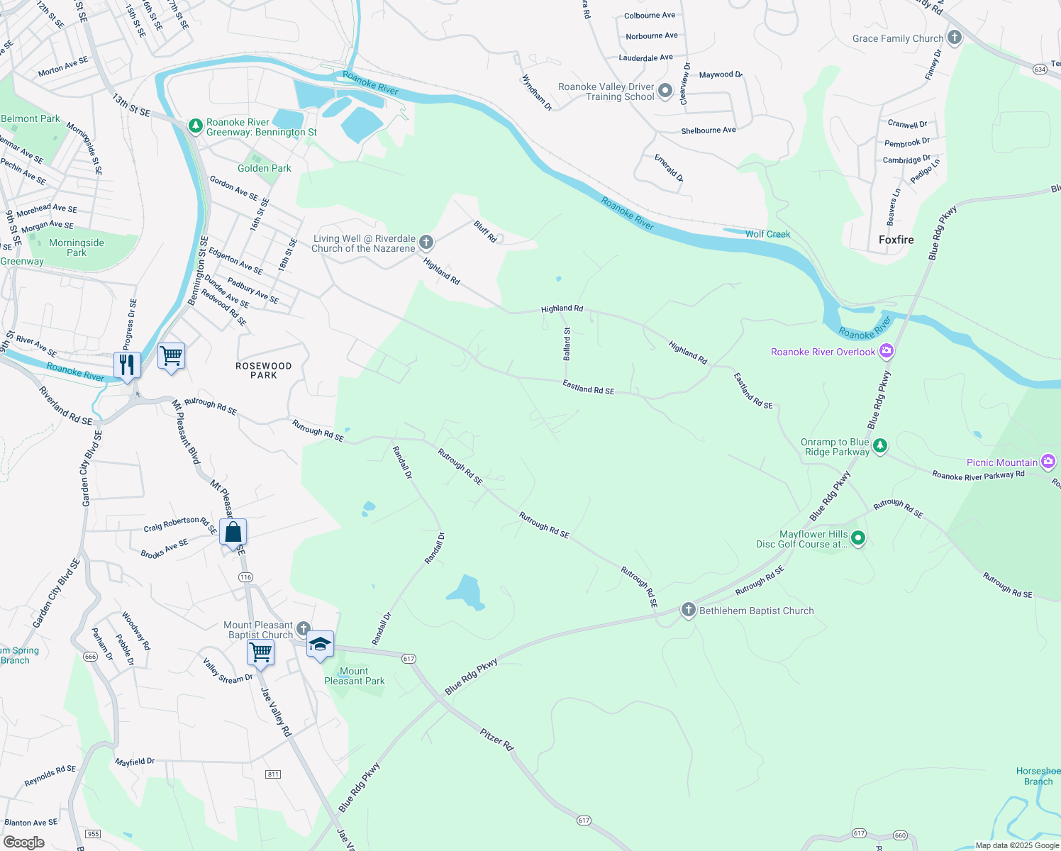 map of restaurants, bars, coffee shops, grocery stores, and more near 2575 Hill Avenue in Roanoke