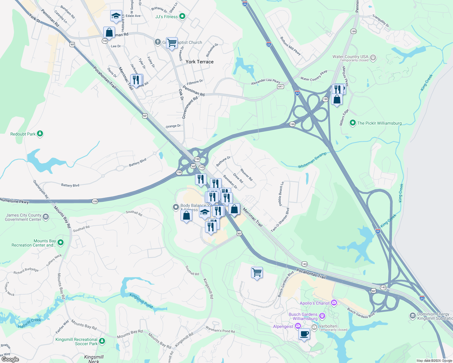 map of restaurants, bars, coffee shops, grocery stores, and more near 139 Banneker Drive in Williamsburg