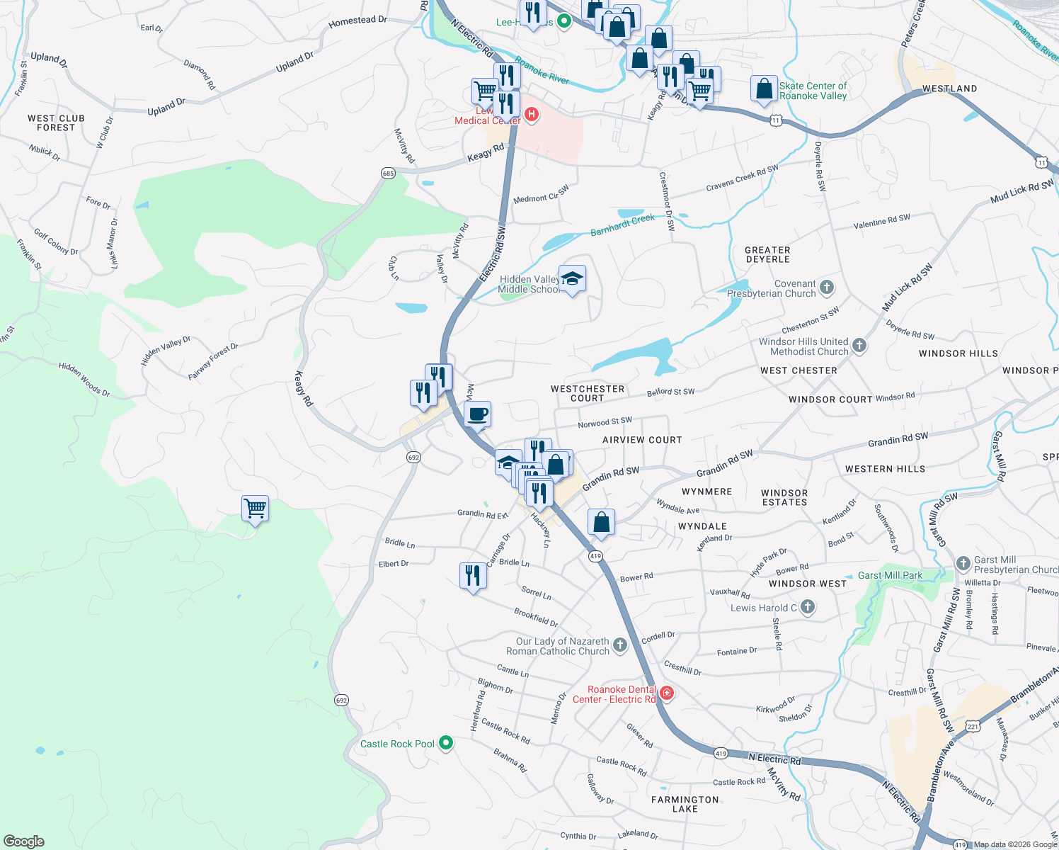 map of restaurants, bars, coffee shops, grocery stores, and more near 5012 Oakleigh Avenue Southwest in Roanoke