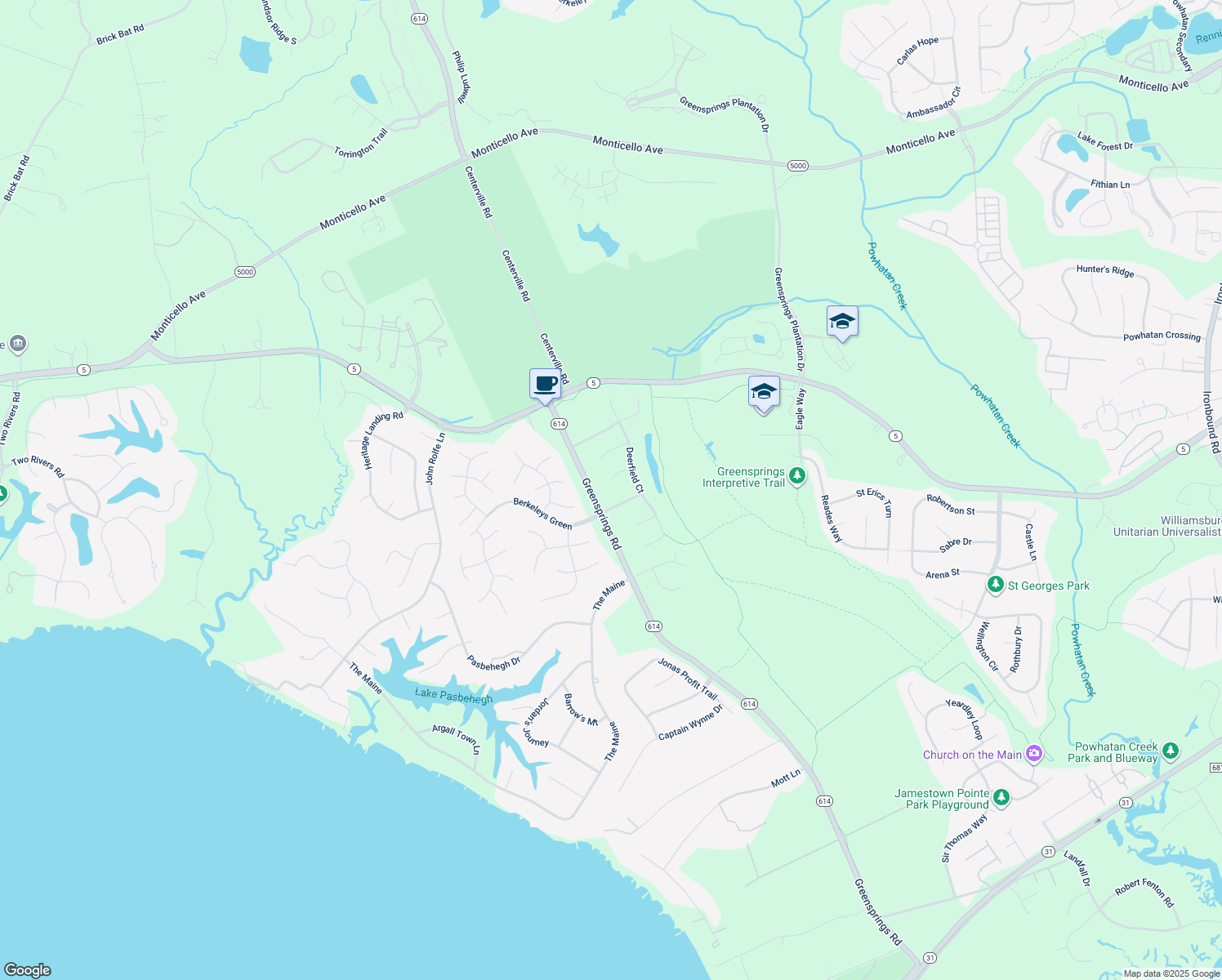map of restaurants, bars, coffee shops, grocery stores, and more near 3517 Mallard Cove in Williamsburg