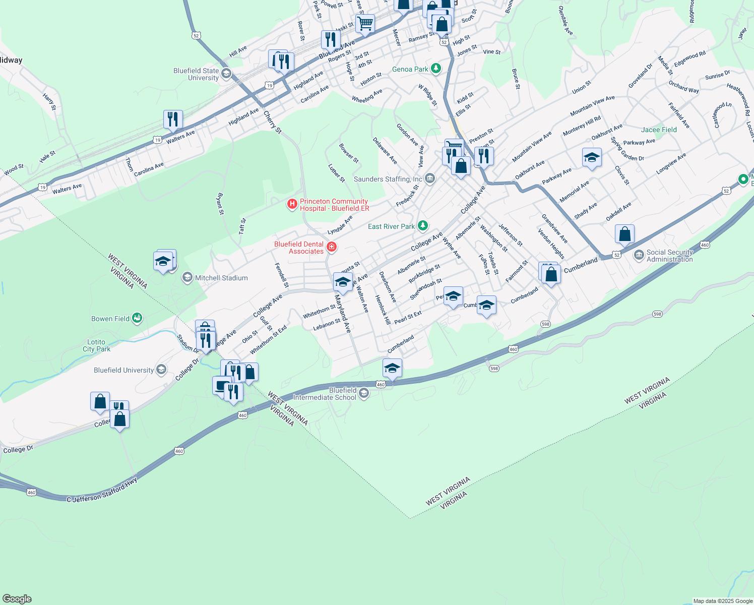 map of restaurants, bars, coffee shops, grocery stores, and more near 2100 Hemlock Hill in Bluefield