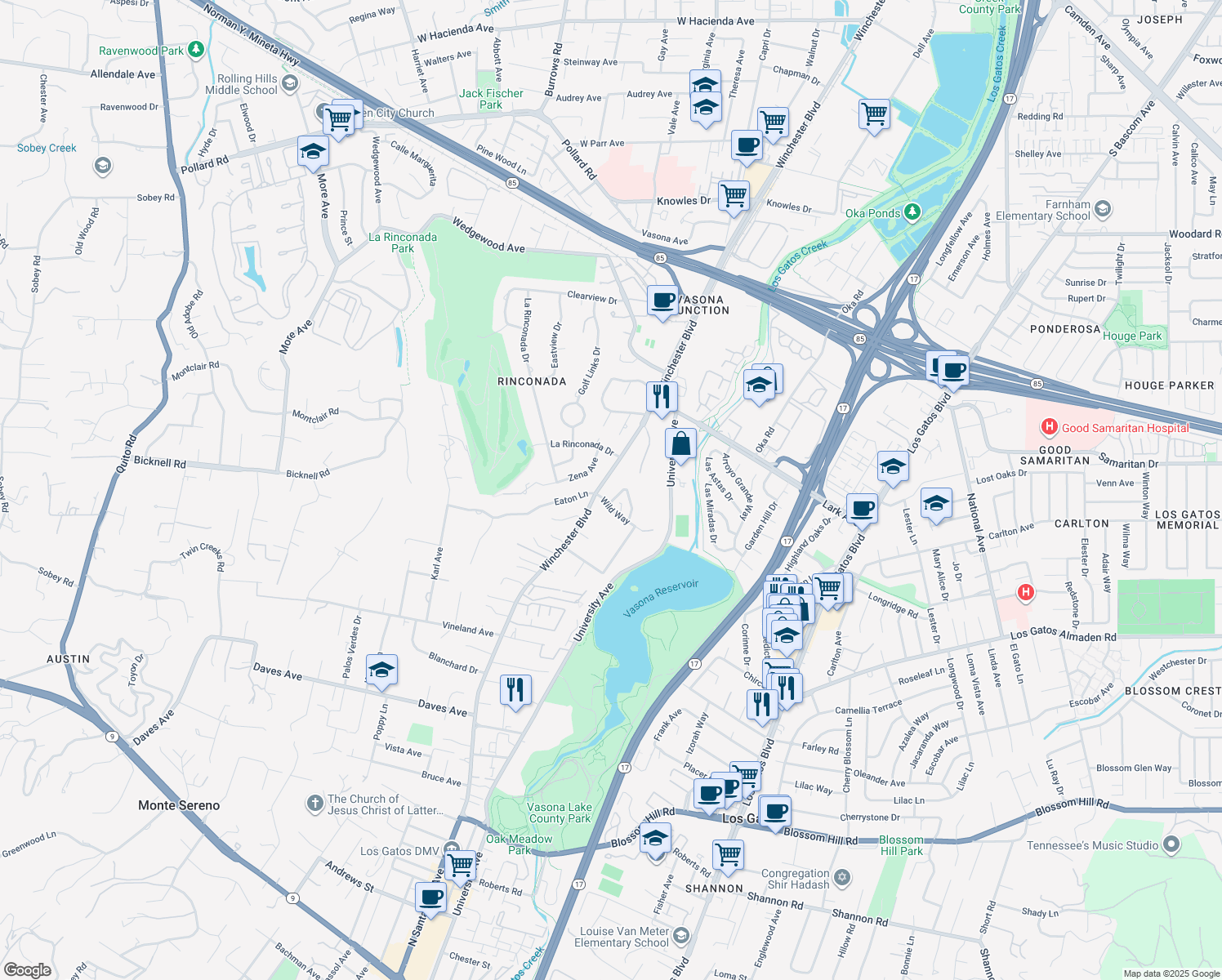 map of restaurants, bars, coffee shops, grocery stores, and more near 17131 Summit Way in Los Gatos