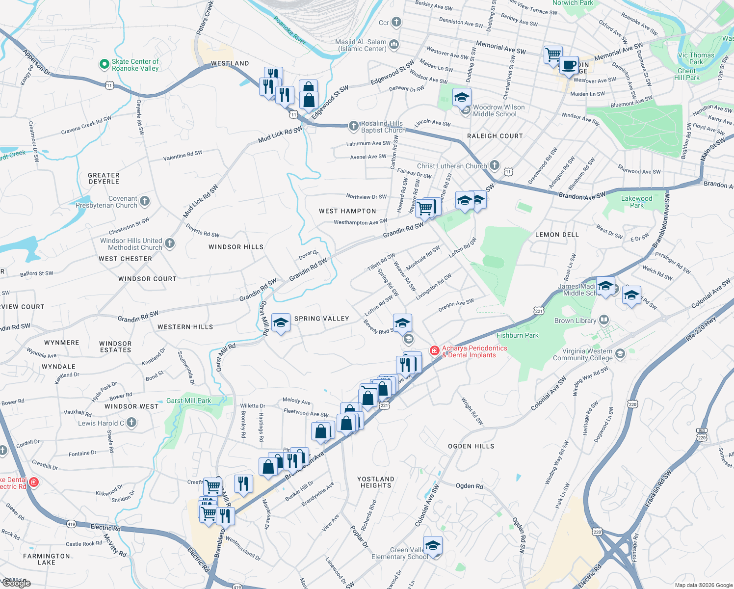 map of restaurants, bars, coffee shops, grocery stores, and more near 2835 Tillett Road Southwest in Roanoke