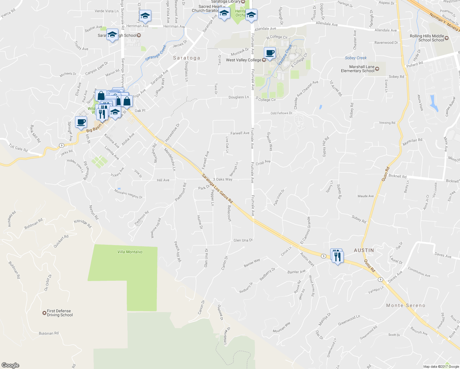 map of restaurants, bars, coffee shops, grocery stores, and more near 19670 3 Oaks Way in Saratoga