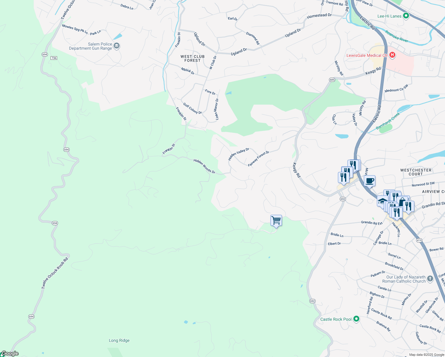 map of restaurants, bars, coffee shops, grocery stores, and more near 6424 Hidden Woods Drive in Roanoke