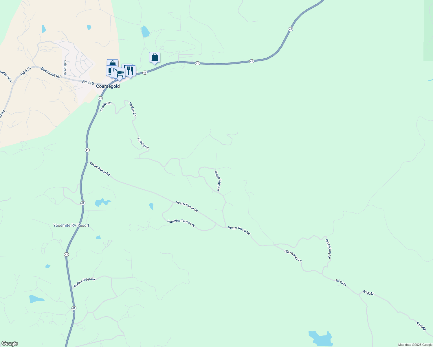 map of restaurants, bars, coffee shops, grocery stores, and more near Buggy Whip Lane in Coarsegold