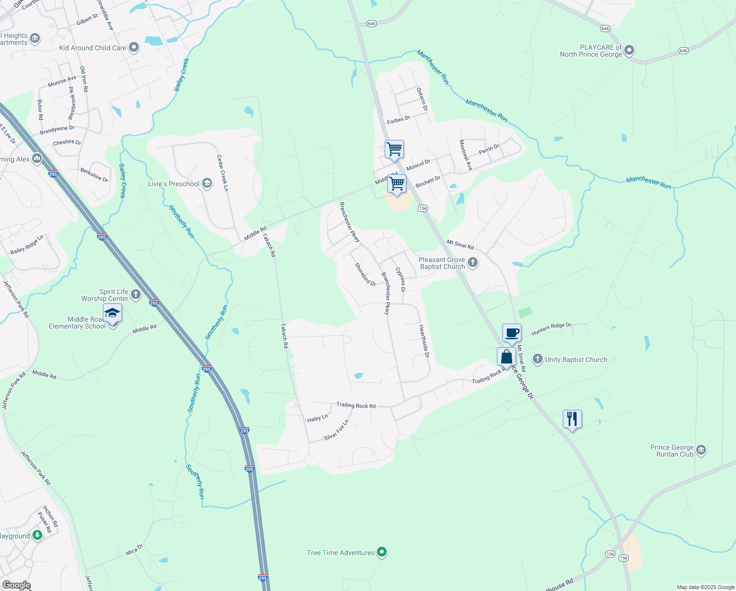 map of restaurants, bars, coffee shops, grocery stores, and more near 6908 Shorebird Court in Prince George