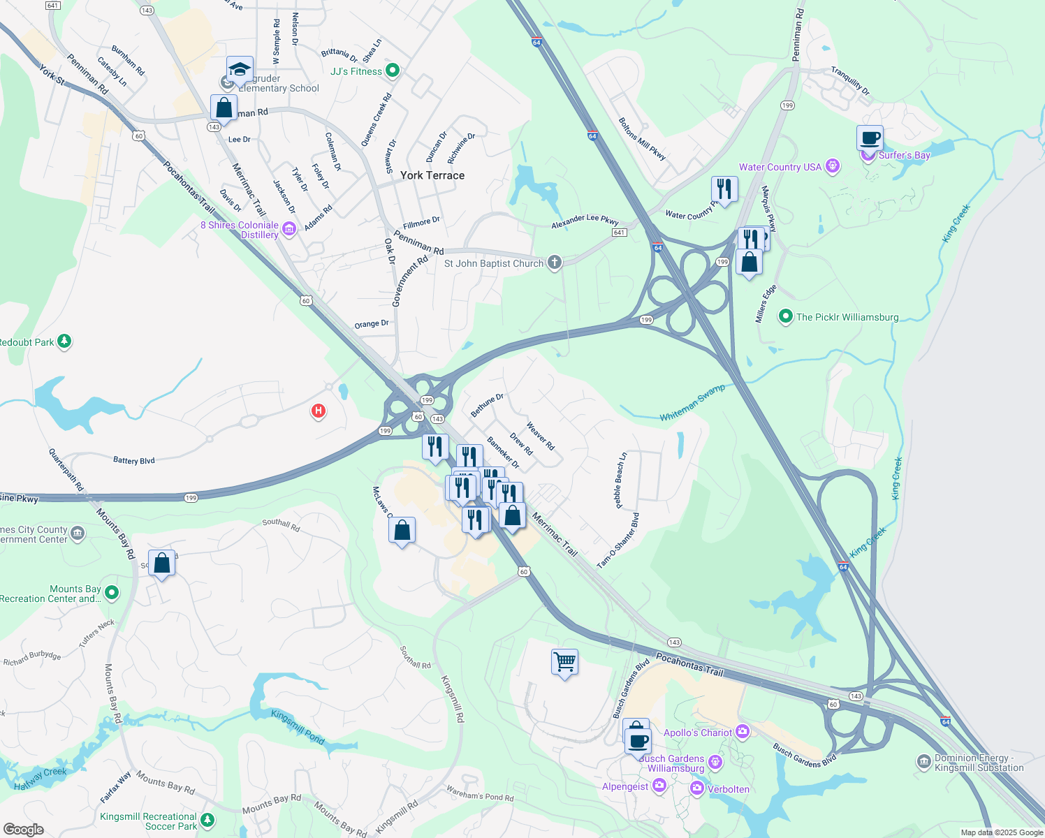 map of restaurants, bars, coffee shops, grocery stores, and more near 100 Luther Drive in Williamsburg
