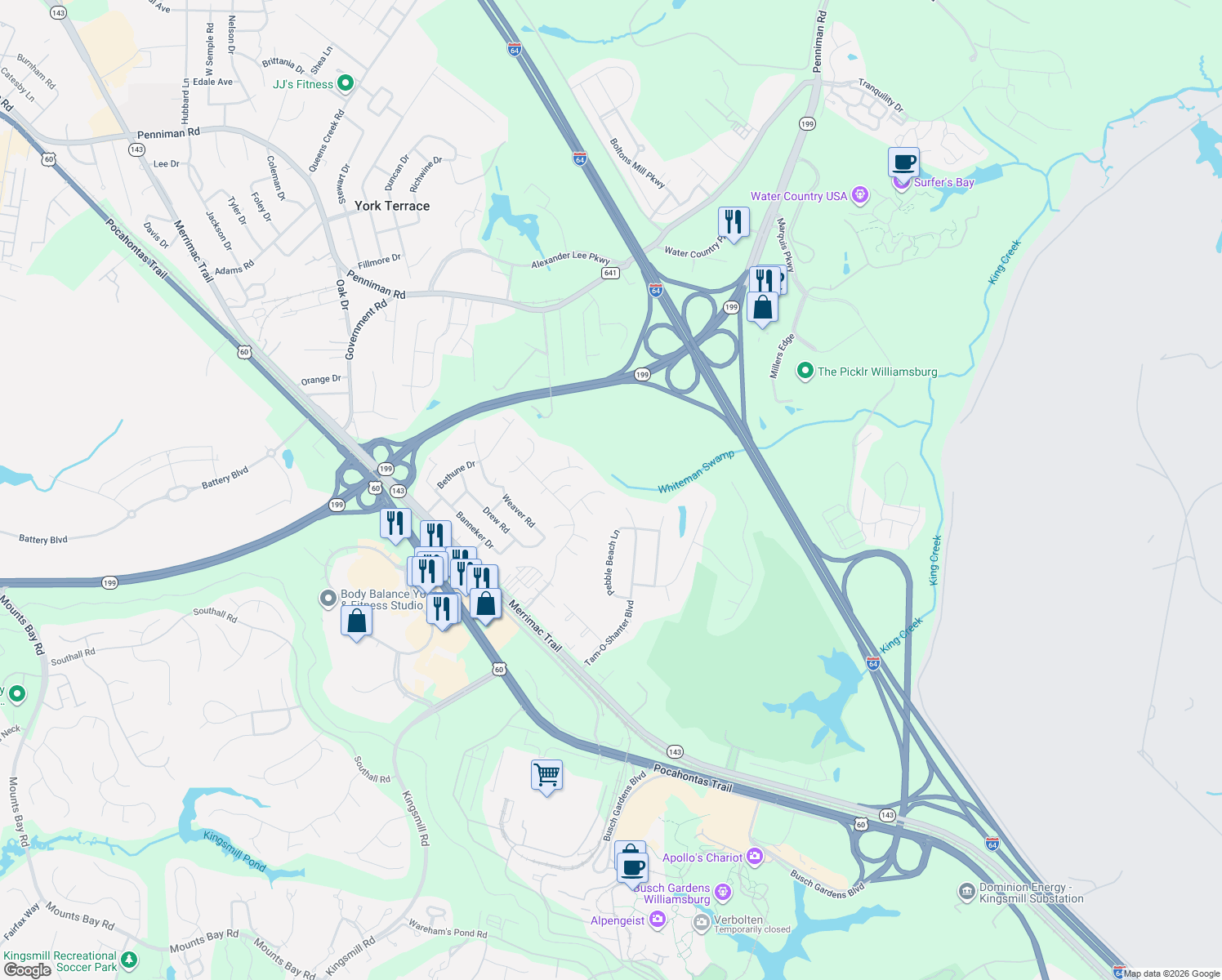 map of restaurants, bars, coffee shops, grocery stores, and more near 715 Lantern Place in Williamsburg