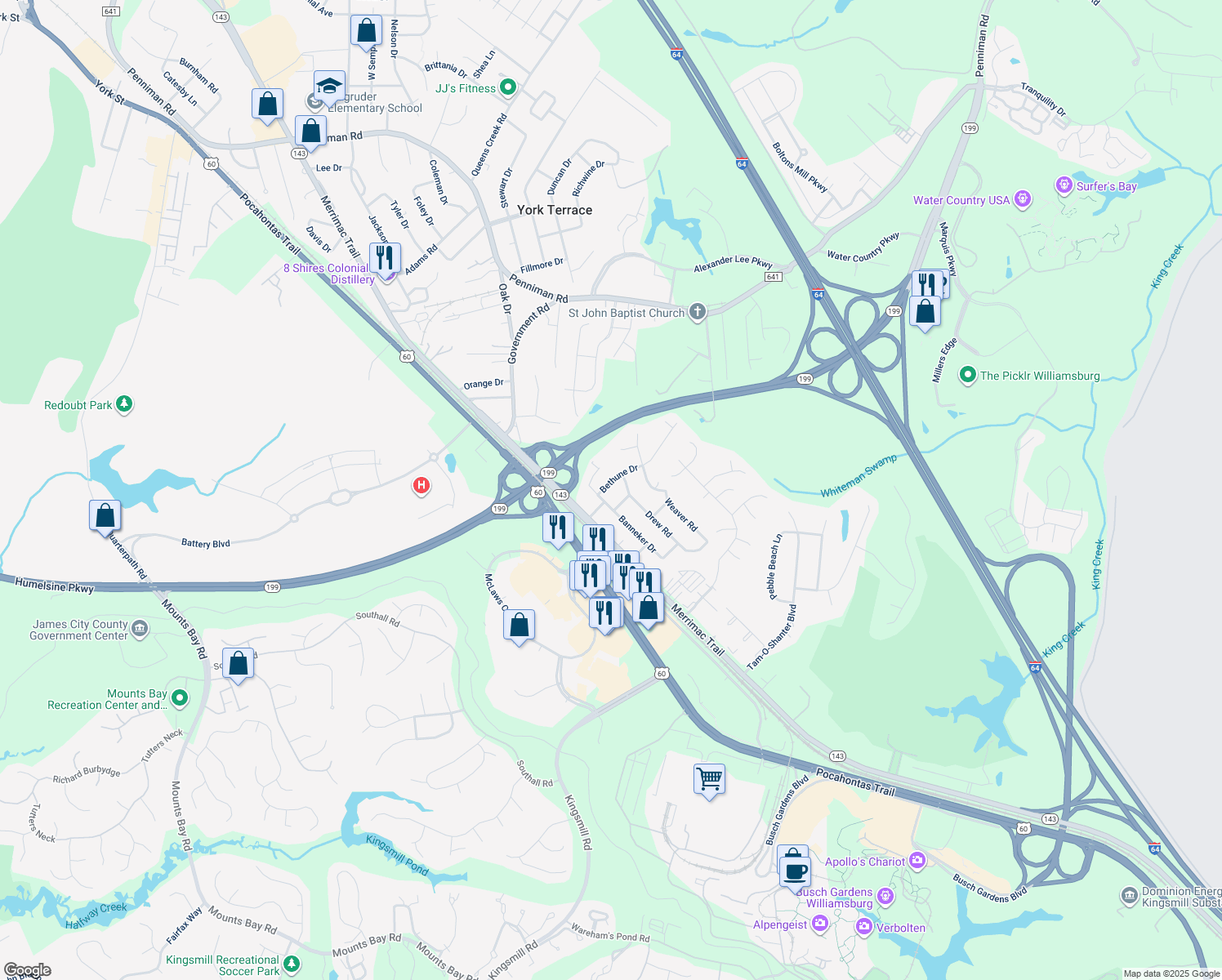 map of restaurants, bars, coffee shops, grocery stores, and more near 103 Bethune Drive in Williamsburg