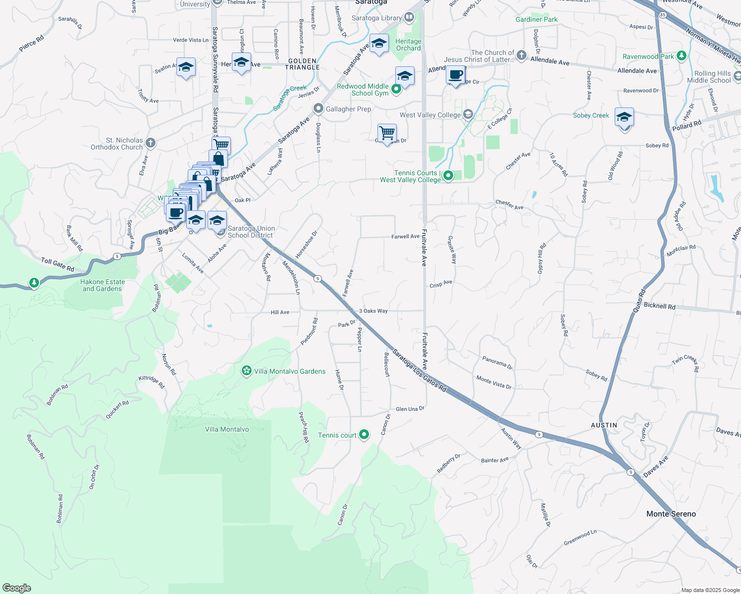 map of restaurants, bars, coffee shops, grocery stores, and more near 14918 3 Oaks Court in Saratoga