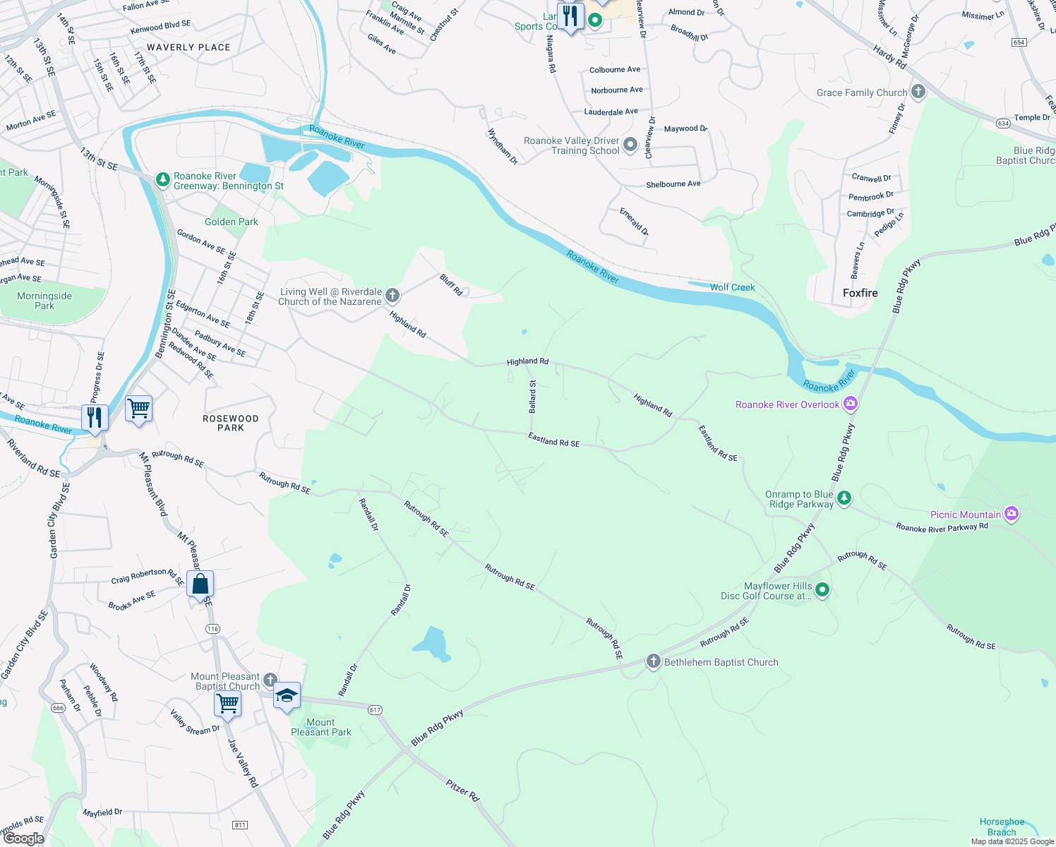 map of restaurants, bars, coffee shops, grocery stores, and more near 2693 Ballard Street in Roanoke
