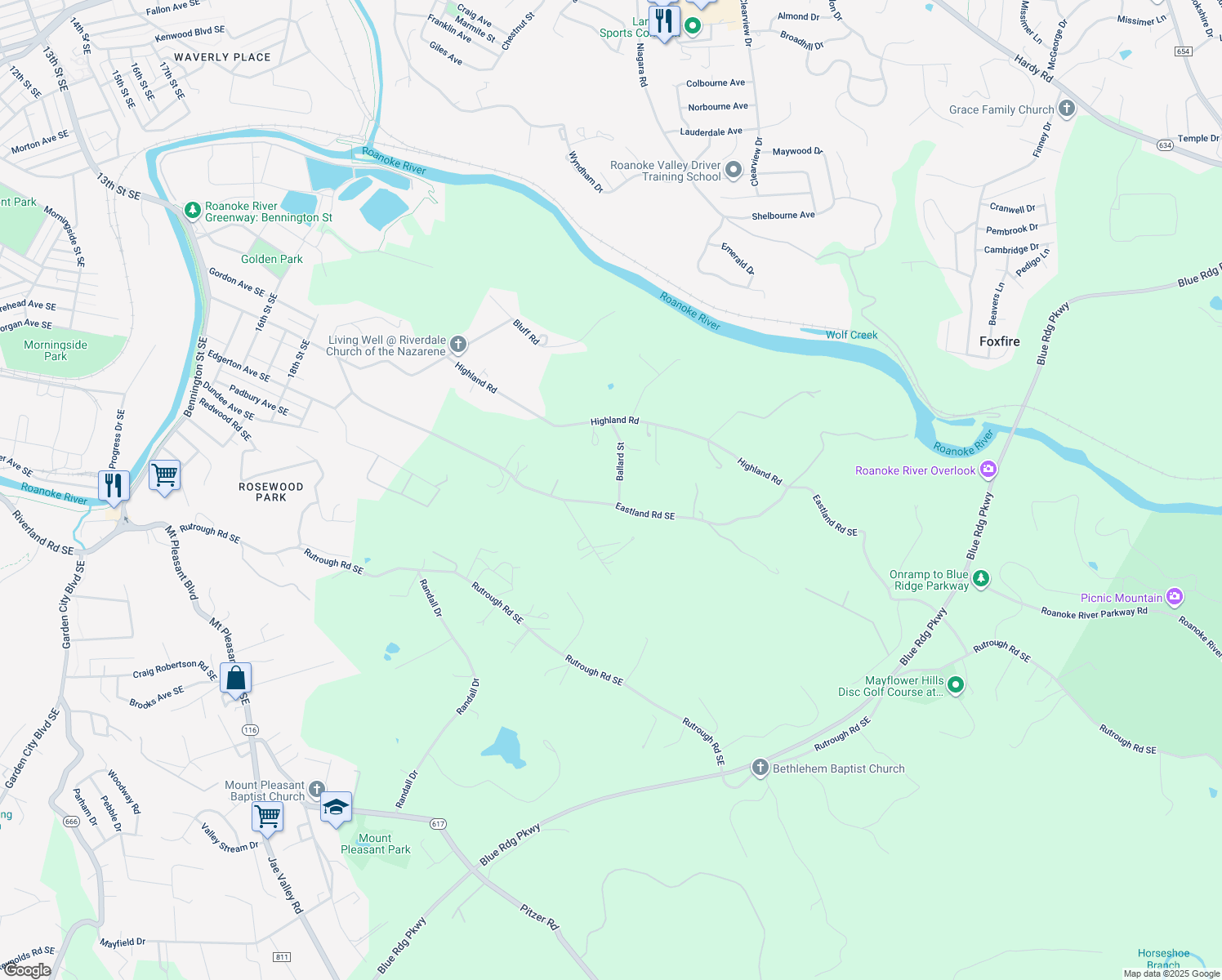 map of restaurants, bars, coffee shops, grocery stores, and more near 2693 Ballard Street in Roanoke
