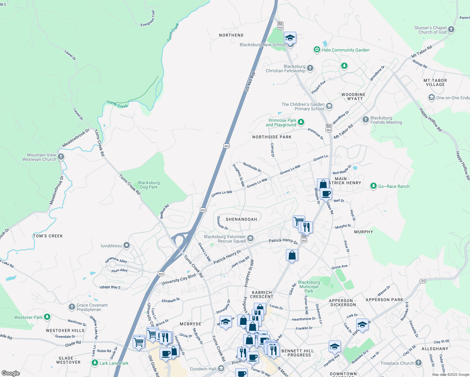 map of restaurants, bars, coffee shops, grocery stores, and more near 505 Wildflower Lane in Blacksburg