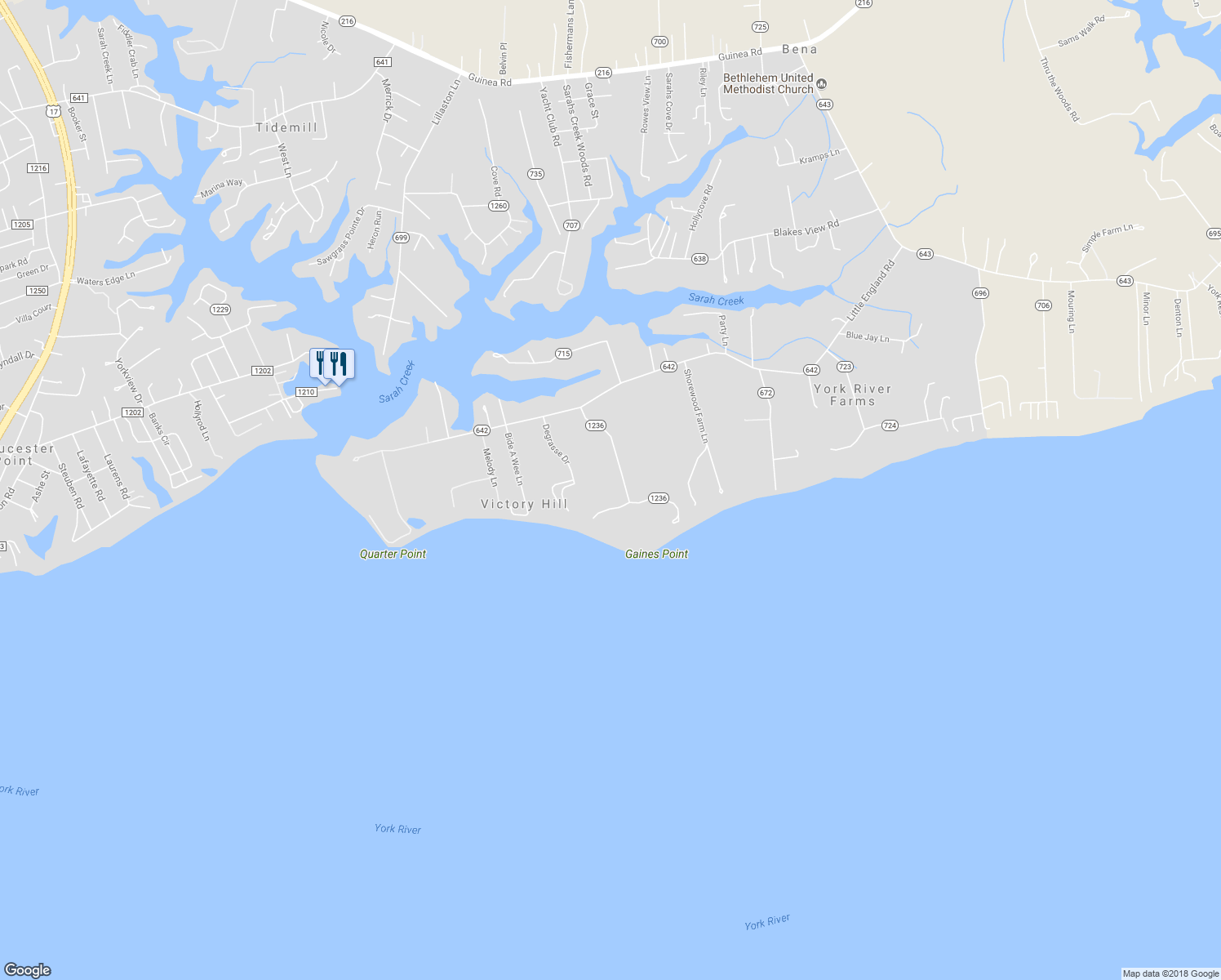 map of restaurants, bars, coffee shops, grocery stores, and more near 1468 Victory Hill Road in Gloucester Point