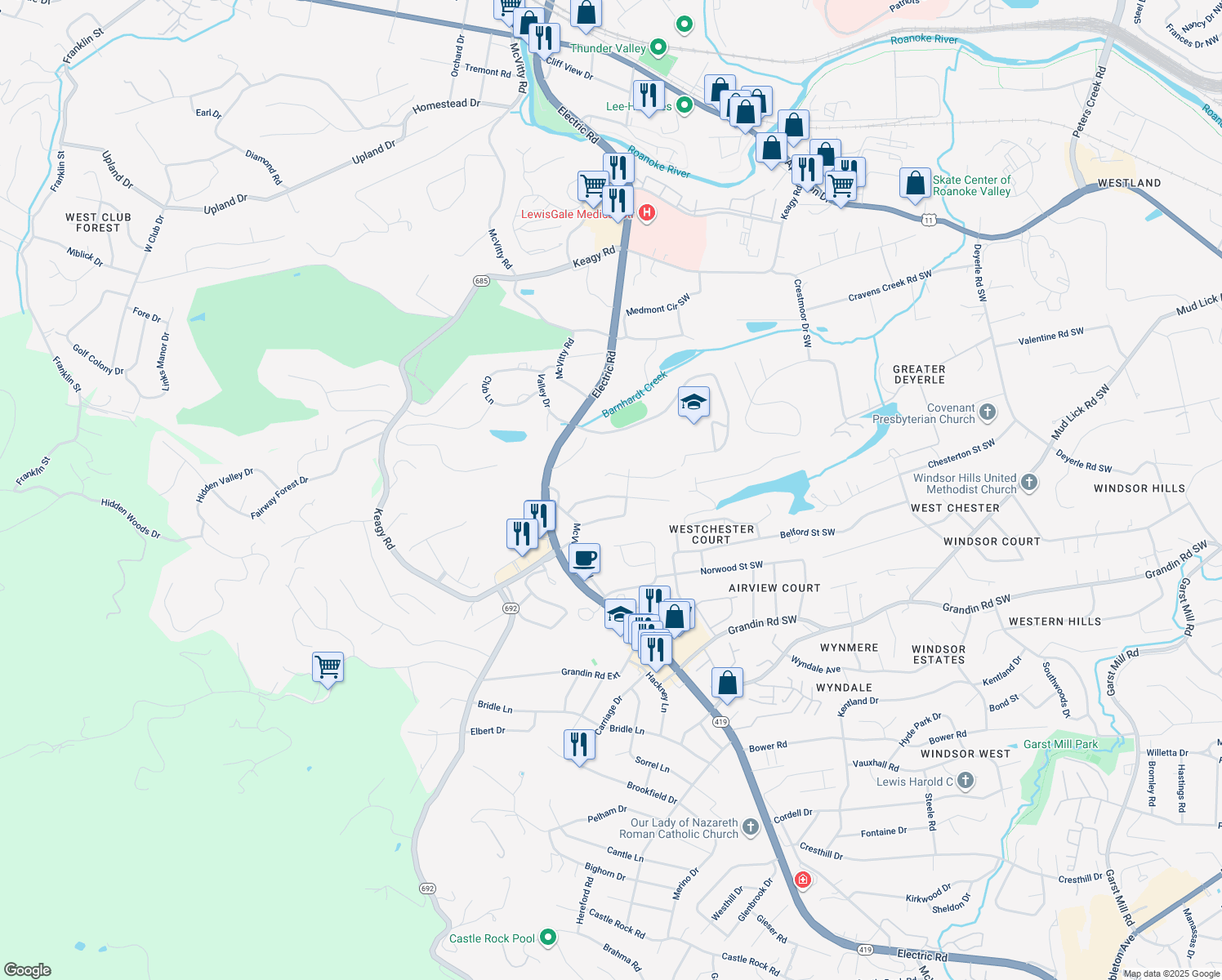 map of restaurants, bars, coffee shops, grocery stores, and more near 5013 Keithwood Drive Southwest in Roanoke