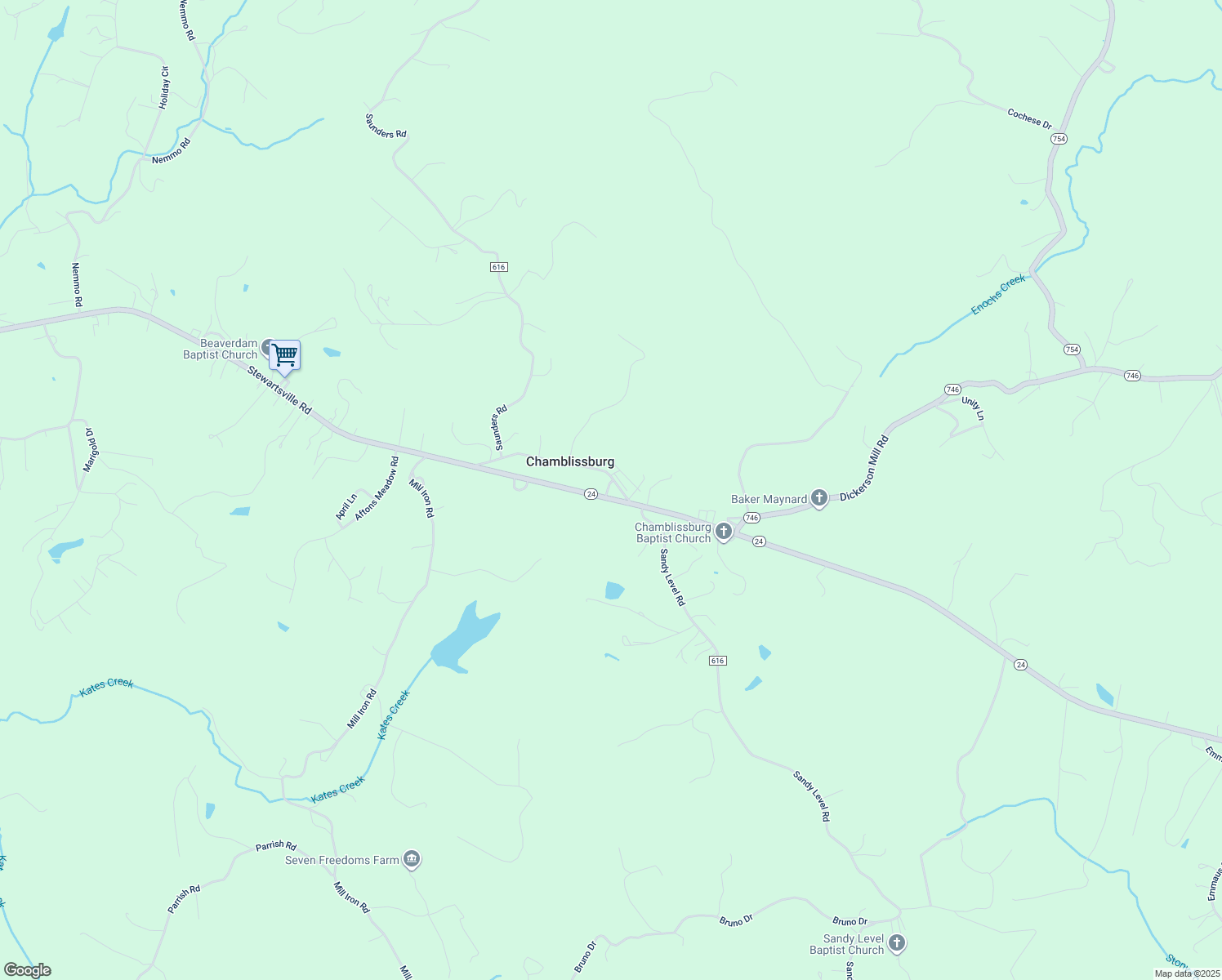 map of restaurants, bars, coffee shops, grocery stores, and more near 9625 Stewartsville Road in Goodview