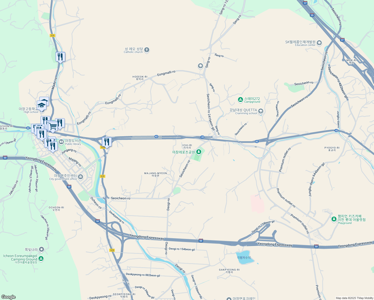 map of restaurants, bars, coffee shops, grocery stores, and more near in Icheon