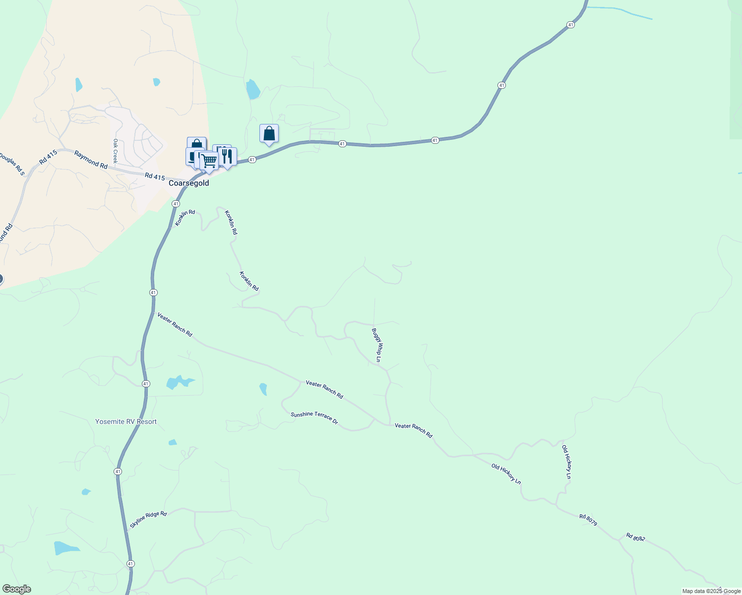 map of restaurants, bars, coffee shops, grocery stores, and more near Buggy Whip Lane in Coarsegold