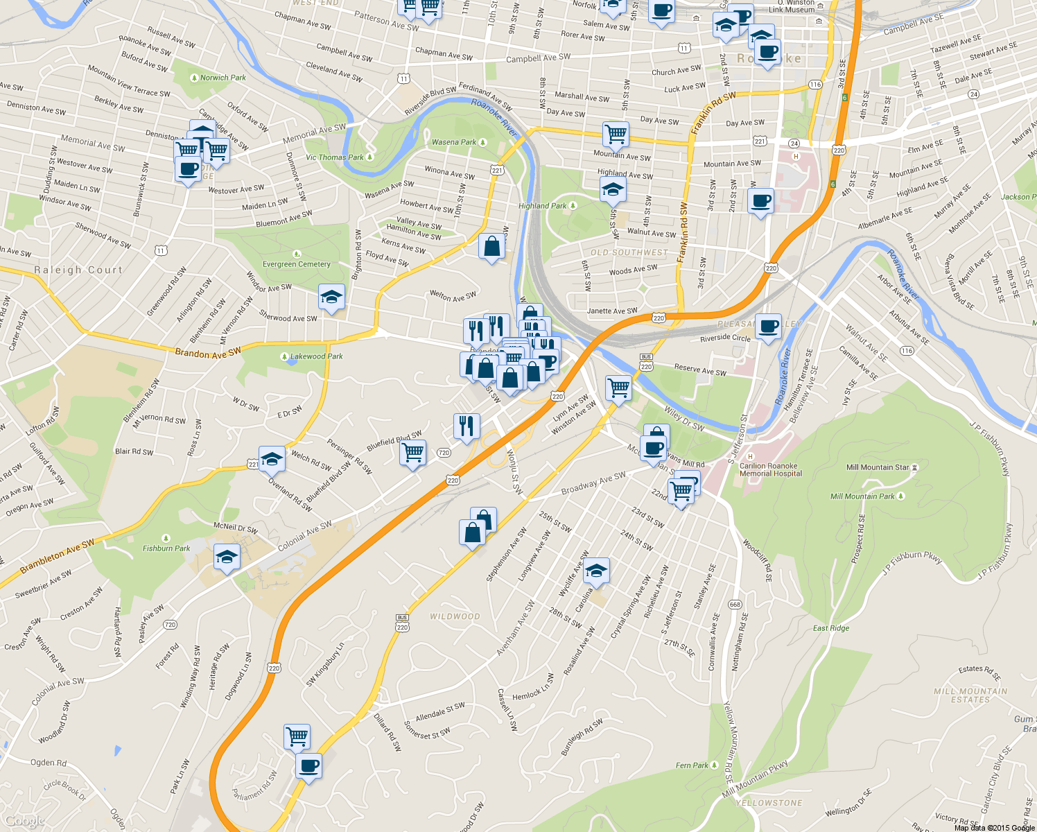 map of restaurants, bars, coffee shops, grocery stores, and more near 2223 Sanford Avenue Southwest in Roanoke