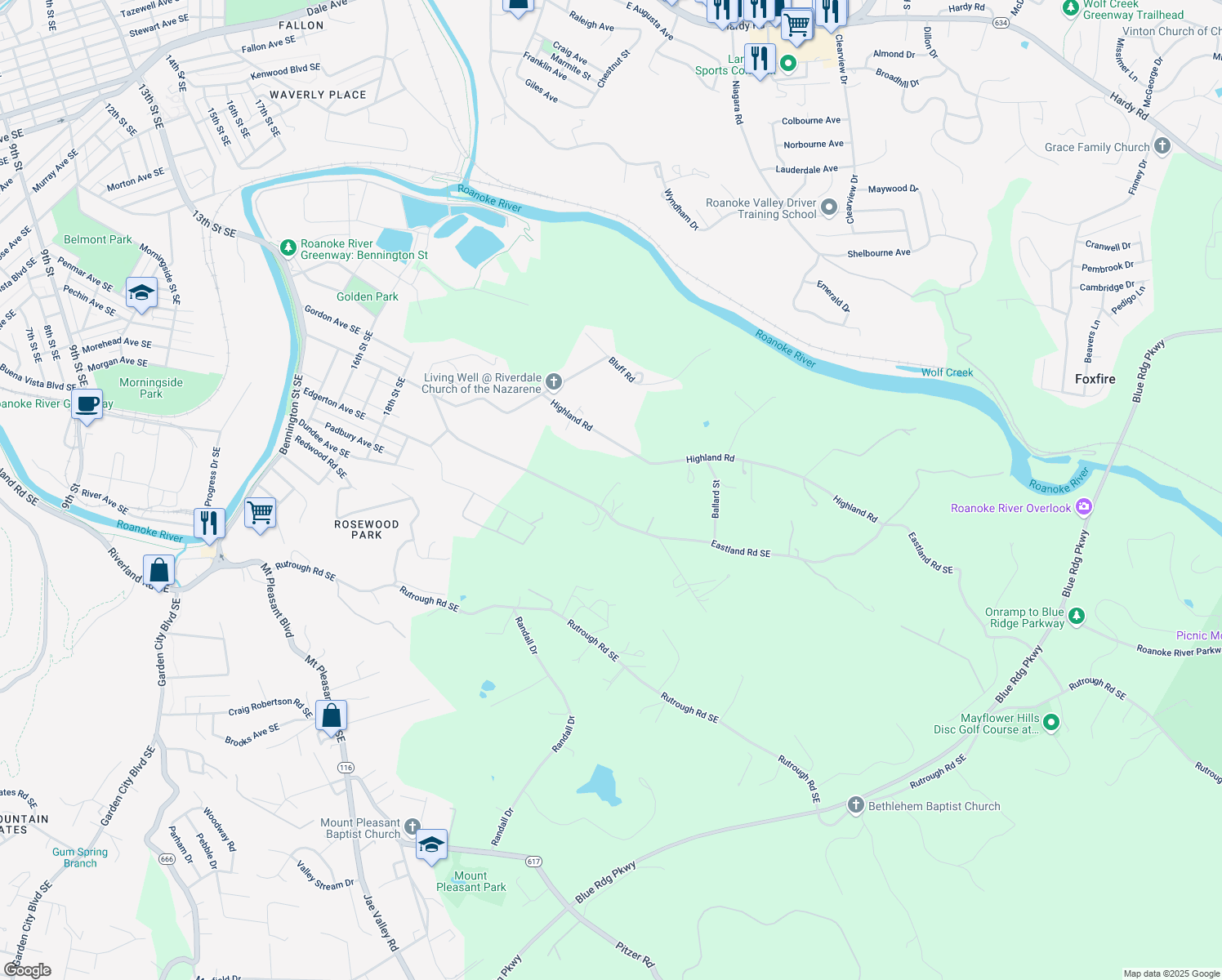map of restaurants, bars, coffee shops, grocery stores, and more near 2418 Eastland Road Southeast in Roanoke