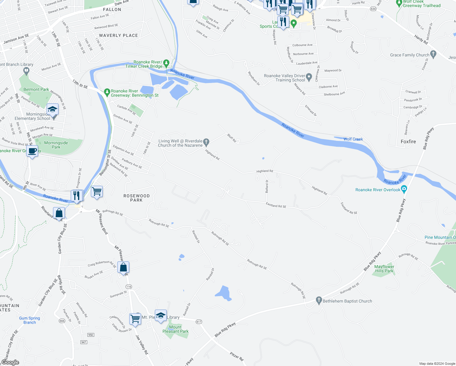 map of restaurants, bars, coffee shops, grocery stores, and more near 2418 Eastland Road Southeast in Roanoke
