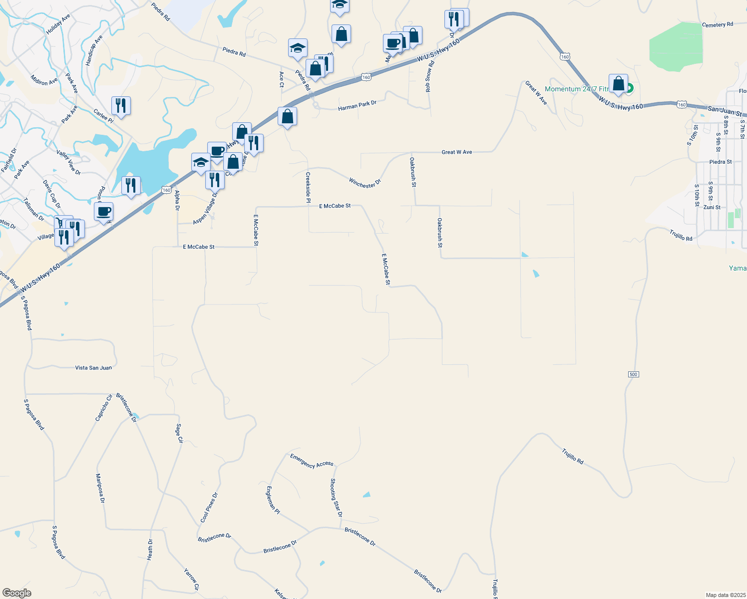 map of restaurants, bars, coffee shops, grocery stores, and more near 434 Quien Sabe Street in Pagosa Springs