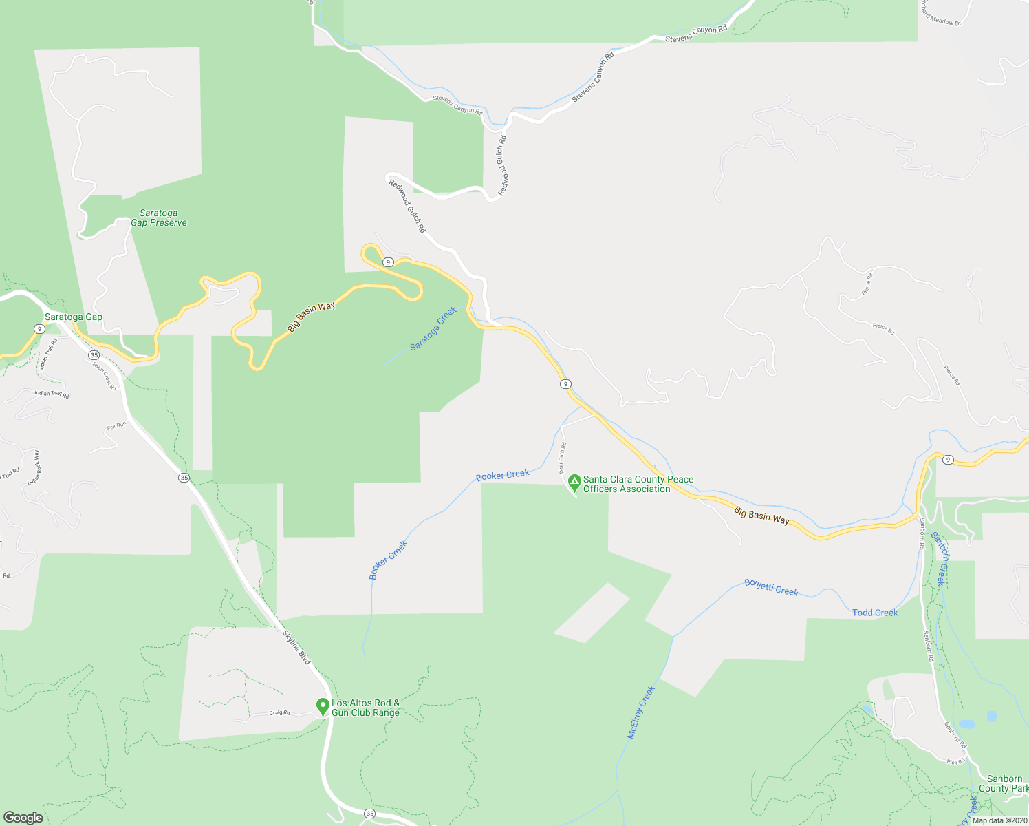 map of restaurants, bars, coffee shops, grocery stores, and more near 24124 Big Basin Way in Saratoga