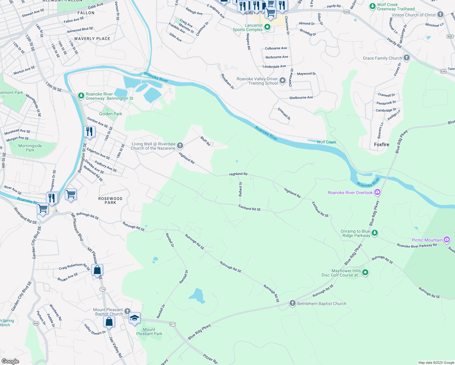 map of restaurants, bars, coffee shops, grocery stores, and more near 2485 Highland Road in Roanoke
