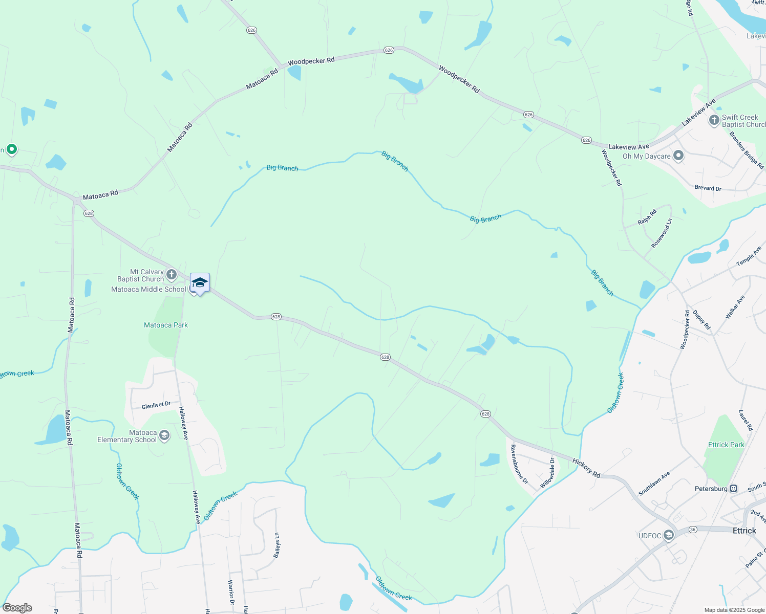 map of restaurants, bars, coffee shops, grocery stores, and more near 5212 Hickory Road in Petersburg