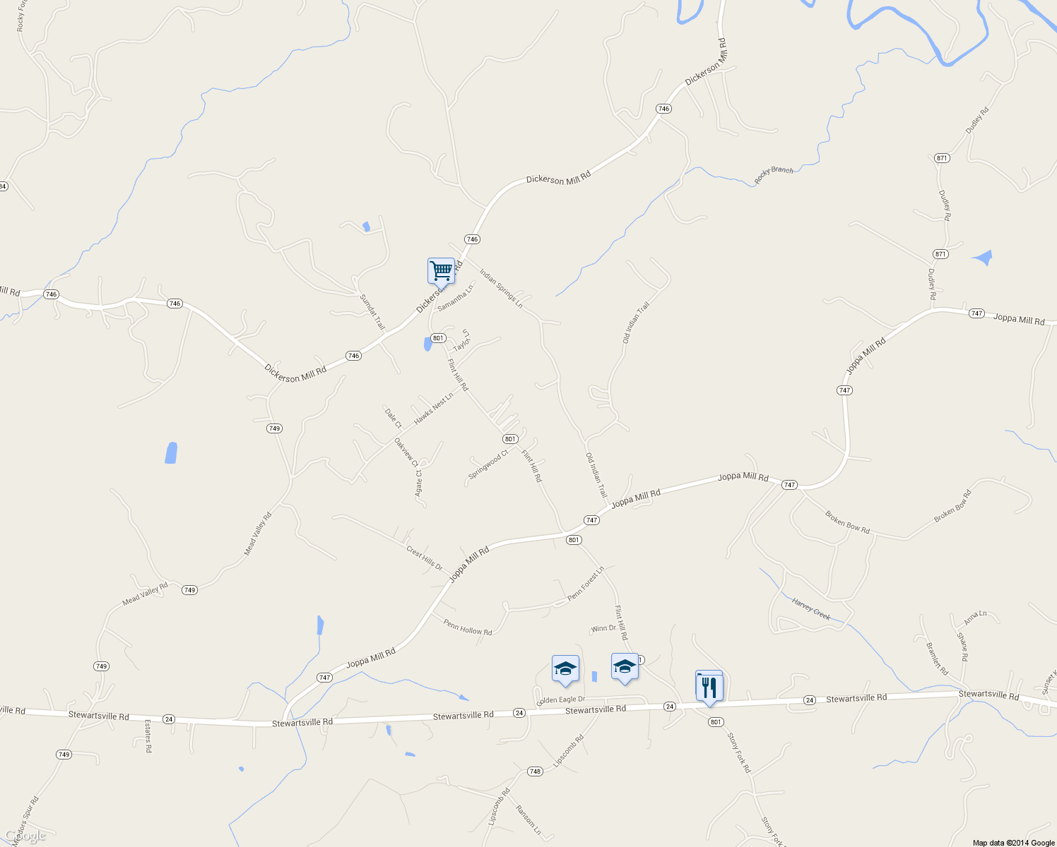 map of restaurants, bars, coffee shops, grocery stores, and more near 1598 Flint Hill Rd in Moneta
