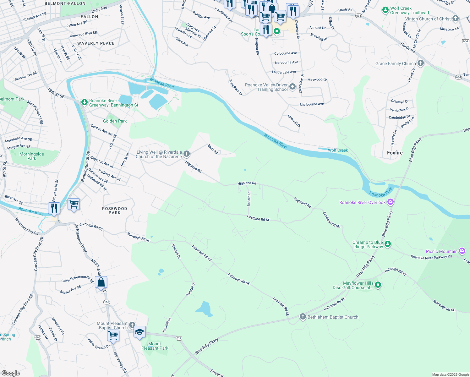 map of restaurants, bars, coffee shops, grocery stores, and more near 2485 Highland Road in Roanoke