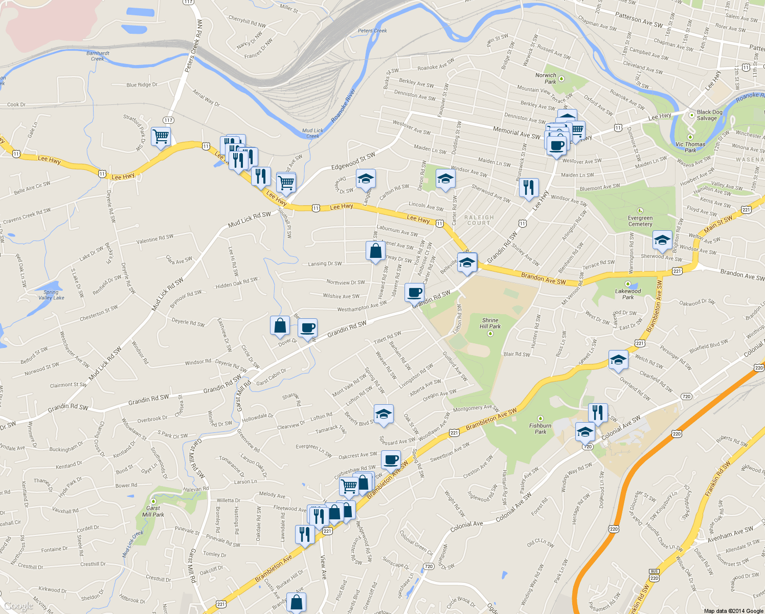map of restaurants, bars, coffee shops, grocery stores, and more near 2418 Westhampton Avenue Southwest in Roanoke