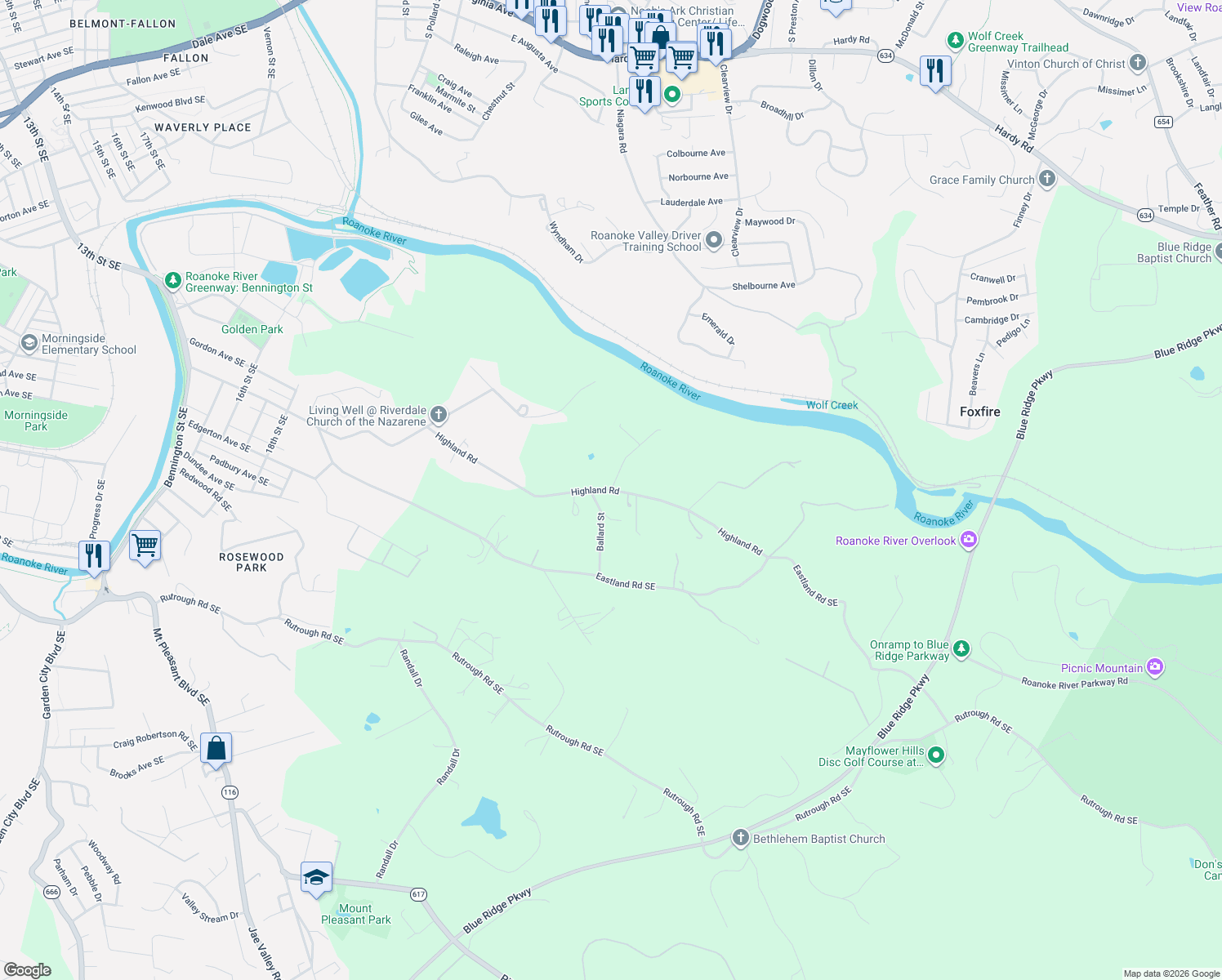 map of restaurants, bars, coffee shops, grocery stores, and more near 2769 Huff Street in Roanoke