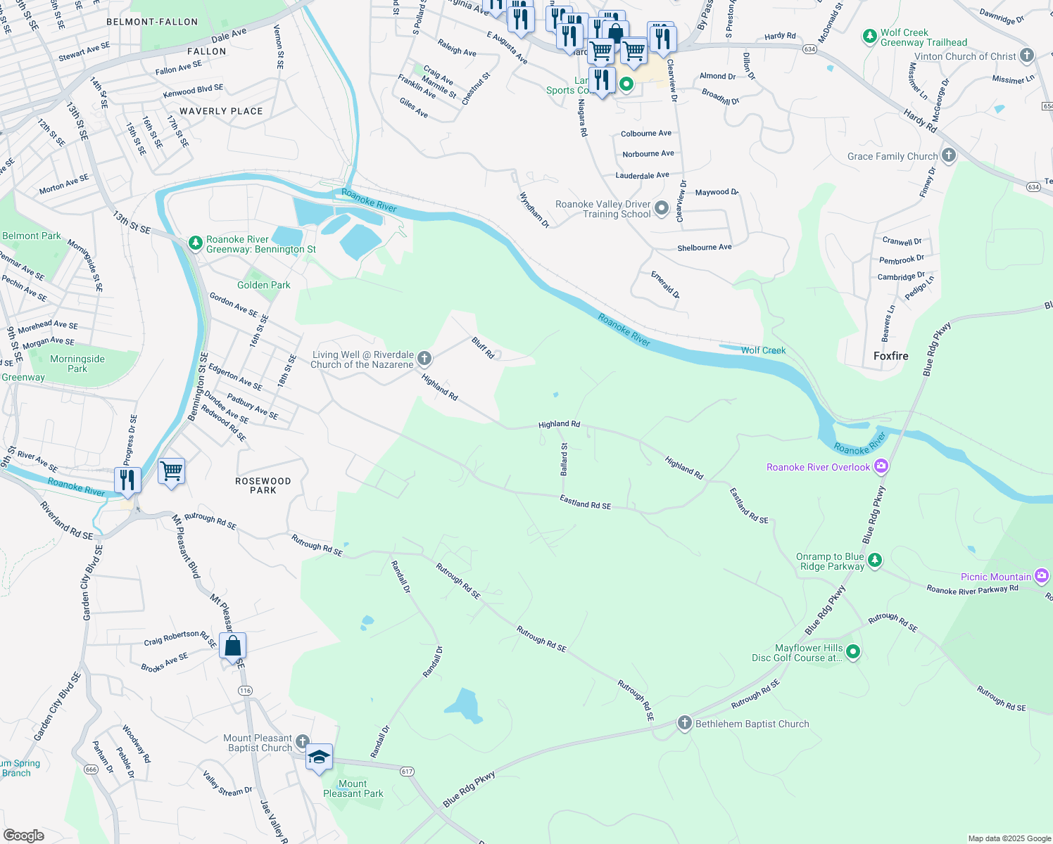 map of restaurants, bars, coffee shops, grocery stores, and more near 2478 Highland Road in Roanoke