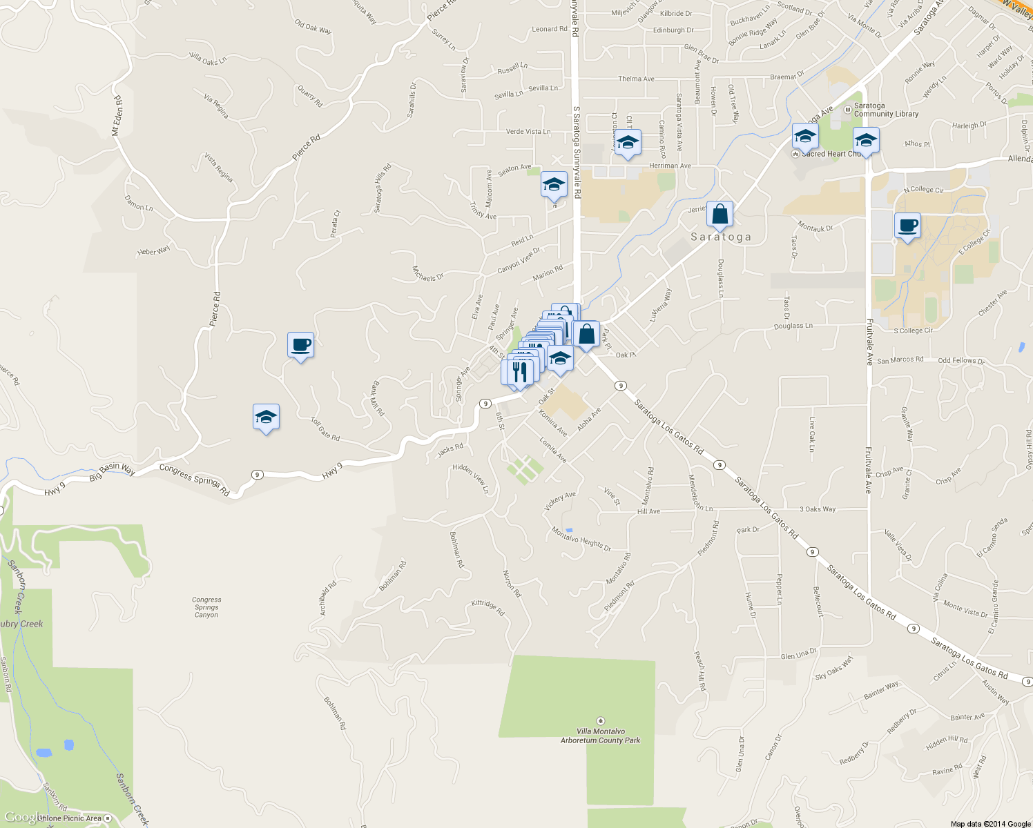 map of restaurants, bars, coffee shops, grocery stores, and more near 20713 Saint Charles Street in Saratoga