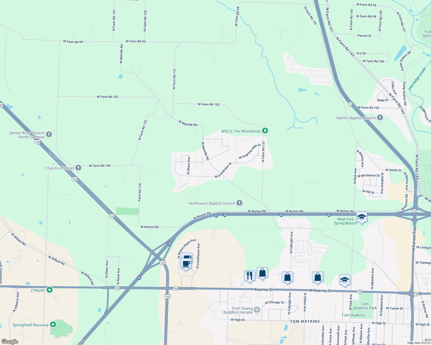 map of restaurants, bars, coffee shops, grocery stores, and more near 3181 West Grandview Street in Springfield
