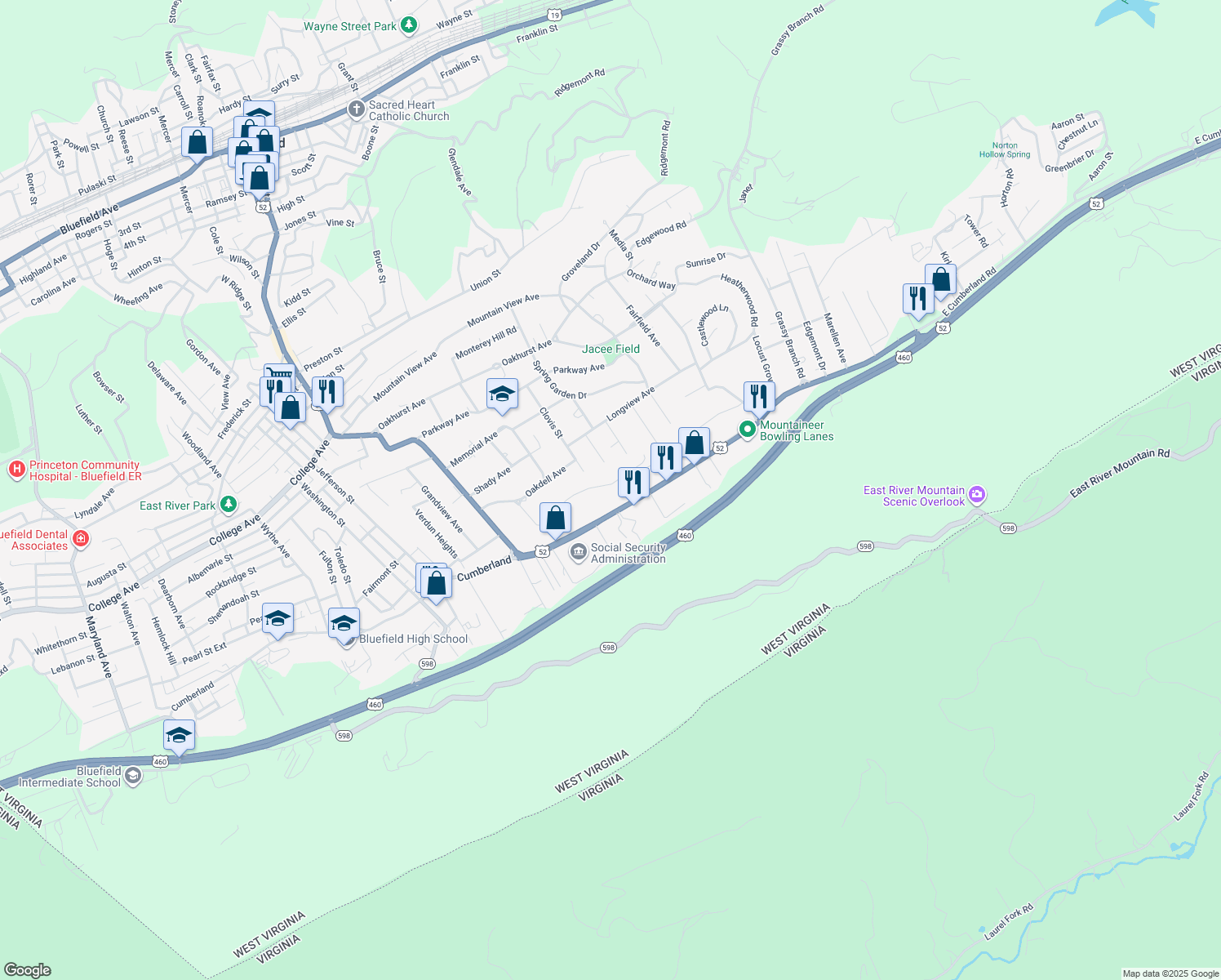map of restaurants, bars, coffee shops, grocery stores, and more near 310 Ridgecrest Road in Bluefield