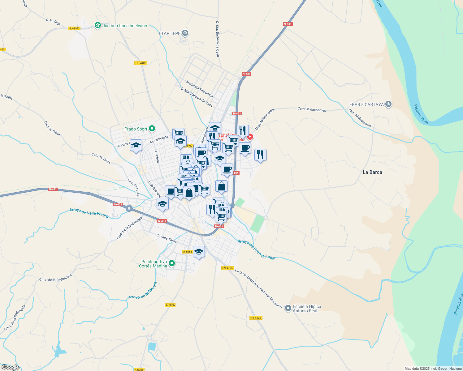 map of restaurants, bars, coffee shops, grocery stores, and more near 63 Avenida de Andalucía in Lepe