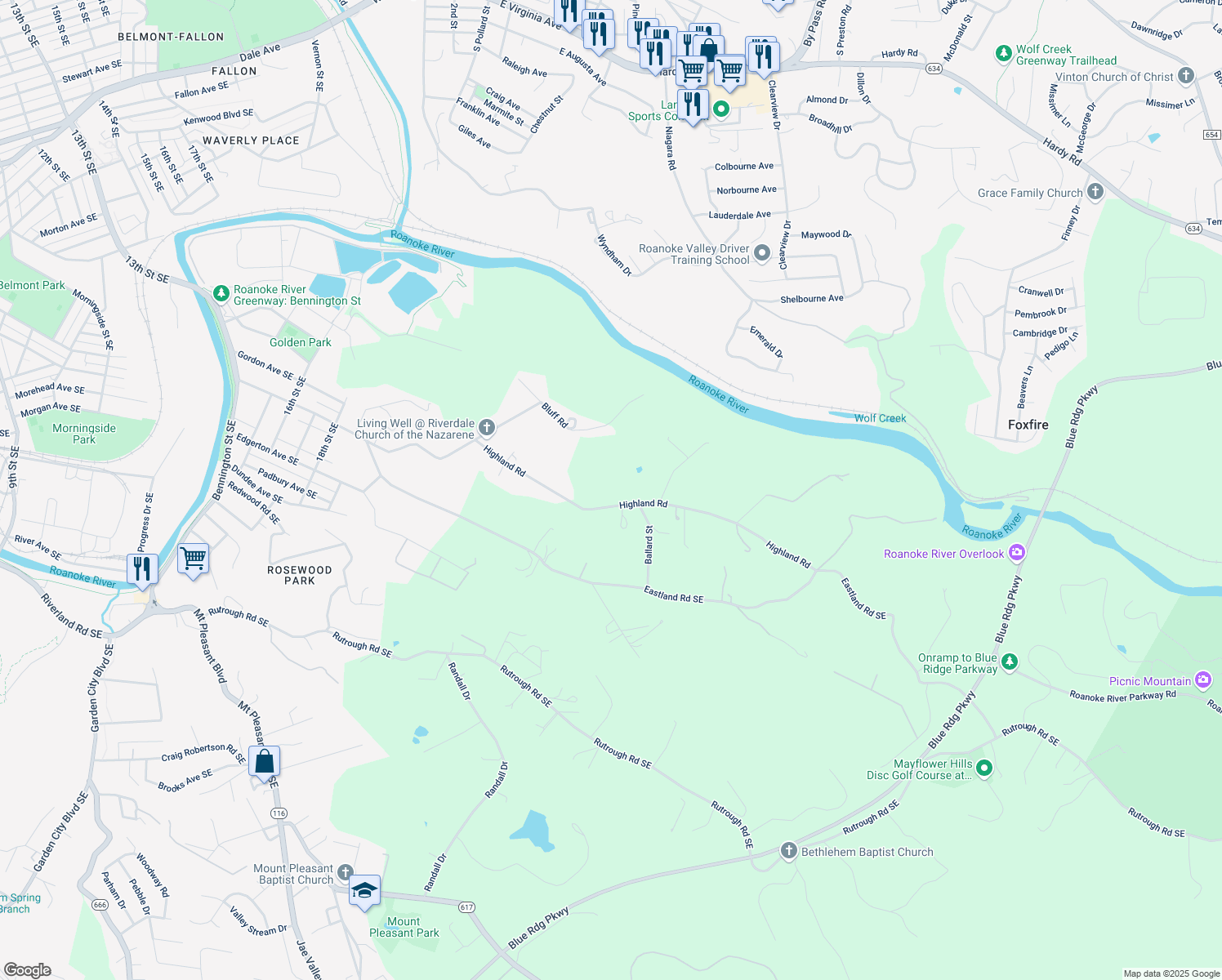 map of restaurants, bars, coffee shops, grocery stores, and more near 2478 Highland Road in Roanoke