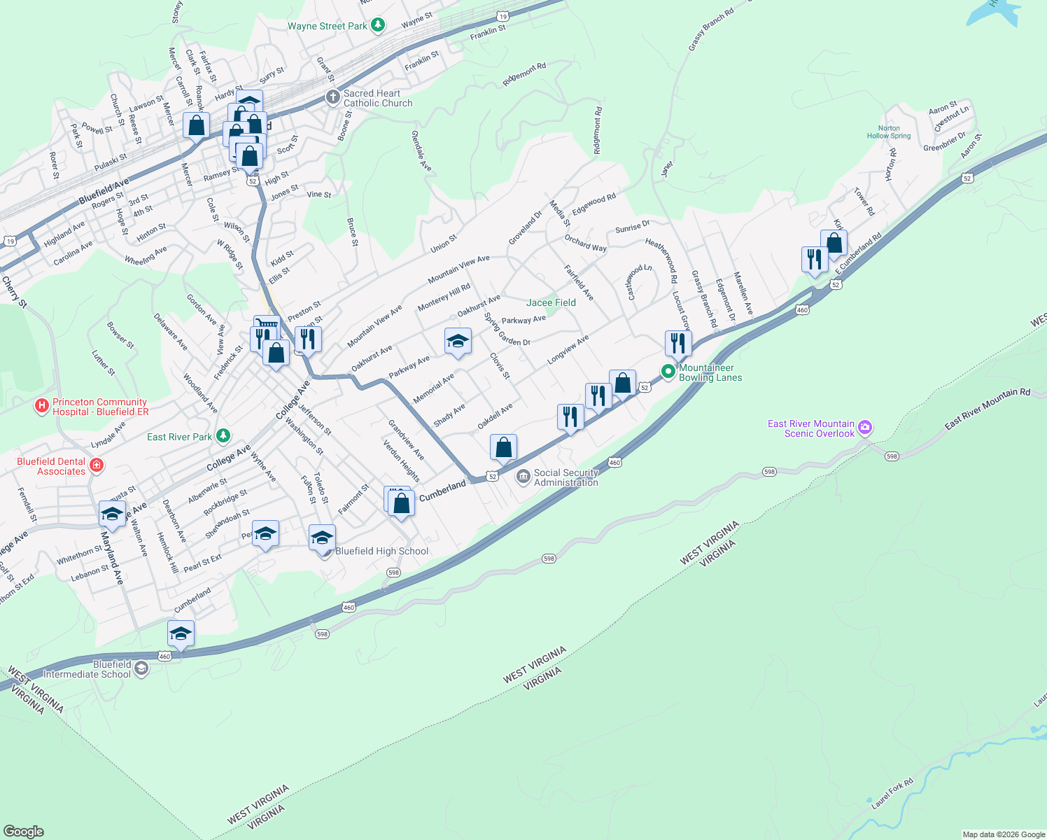 map of restaurants, bars, coffee shops, grocery stores, and more near 247 Ridgecrest Road in Bluefield