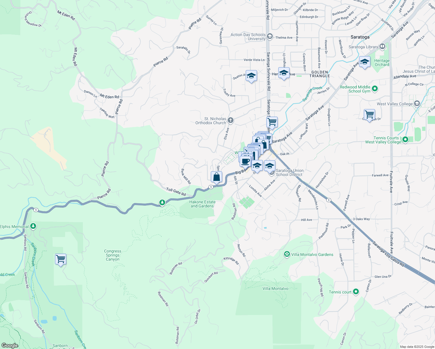 map of restaurants, bars, coffee shops, grocery stores, and more near 14676 Wild Berry Lane in Saratoga