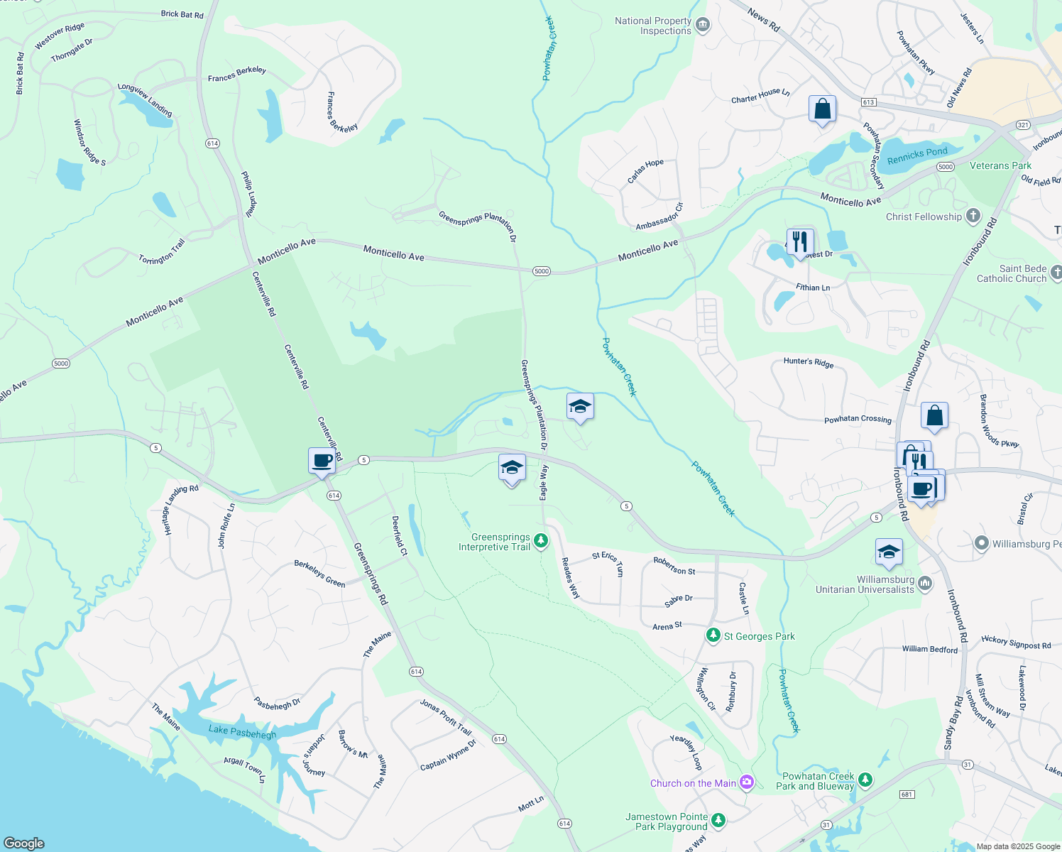 map of restaurants, bars, coffee shops, grocery stores, and more near 204 Shoal Creek in Williamsburg