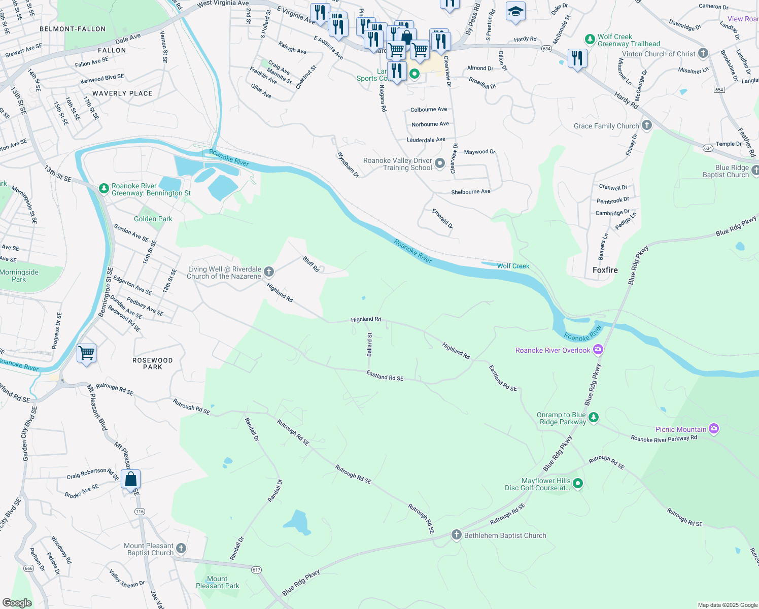 map of restaurants, bars, coffee shops, grocery stores, and more near 2828 Huff Street in Roanoke