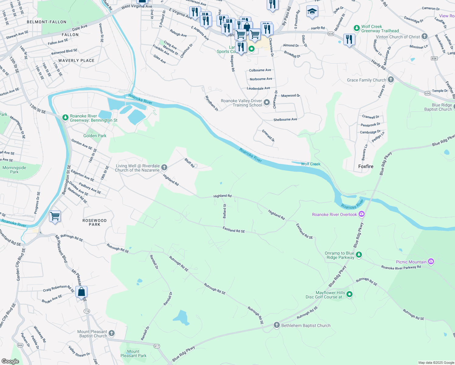 map of restaurants, bars, coffee shops, grocery stores, and more near 2828 Huff Street in Roanoke