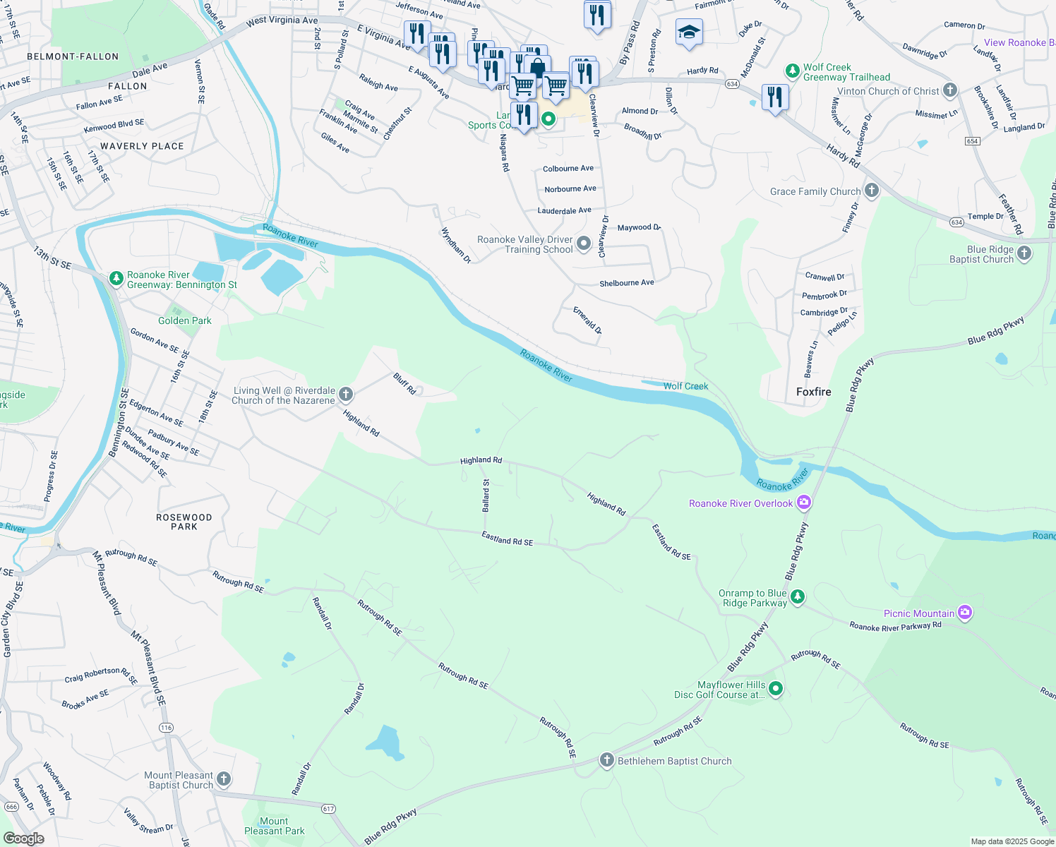 map of restaurants, bars, coffee shops, grocery stores, and more near 2773 Huff Street in Roanoke
