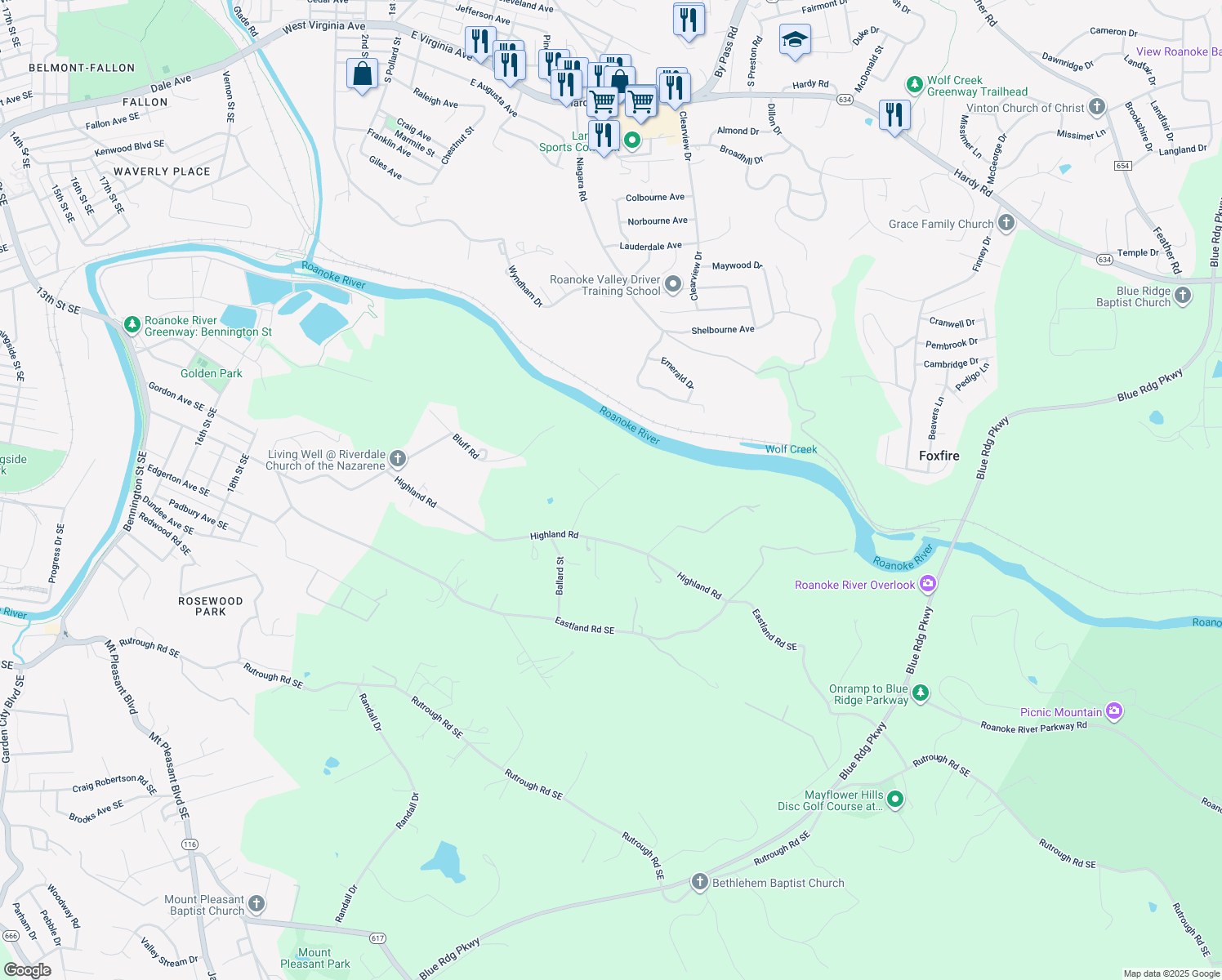 map of restaurants, bars, coffee shops, grocery stores, and more near 2773 Huff Street in Roanoke