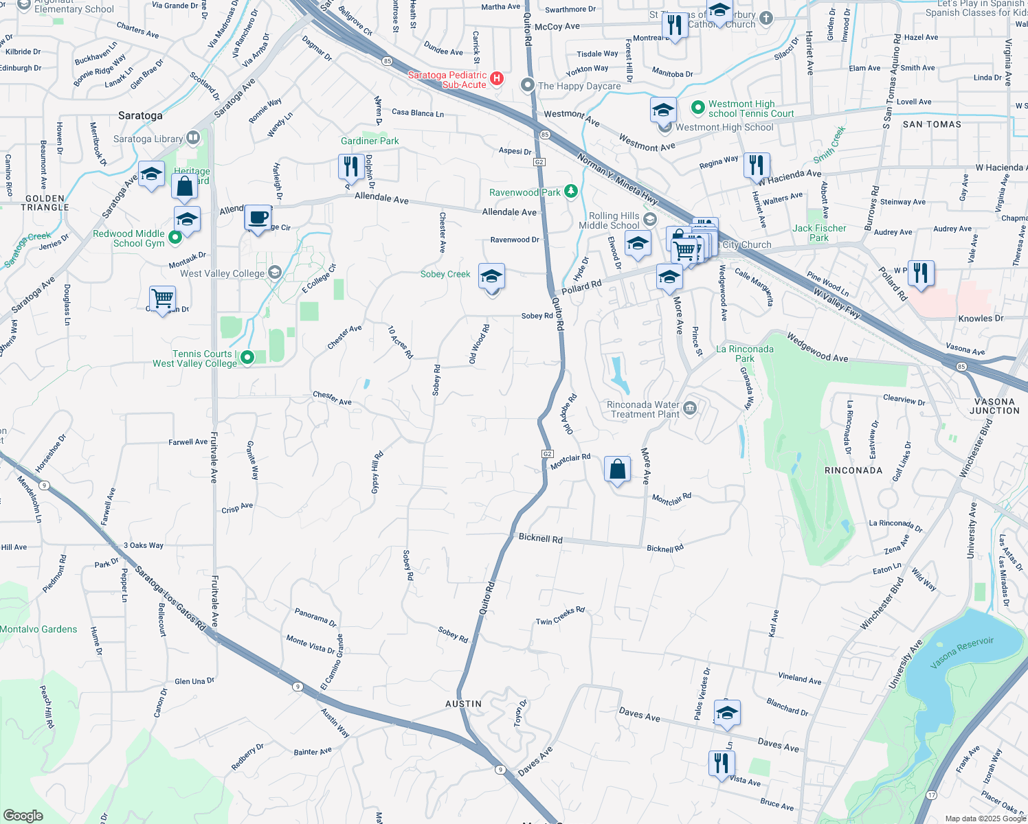 map of restaurants, bars, coffee shops, grocery stores, and more near 18531 Vessing Road in Saratoga