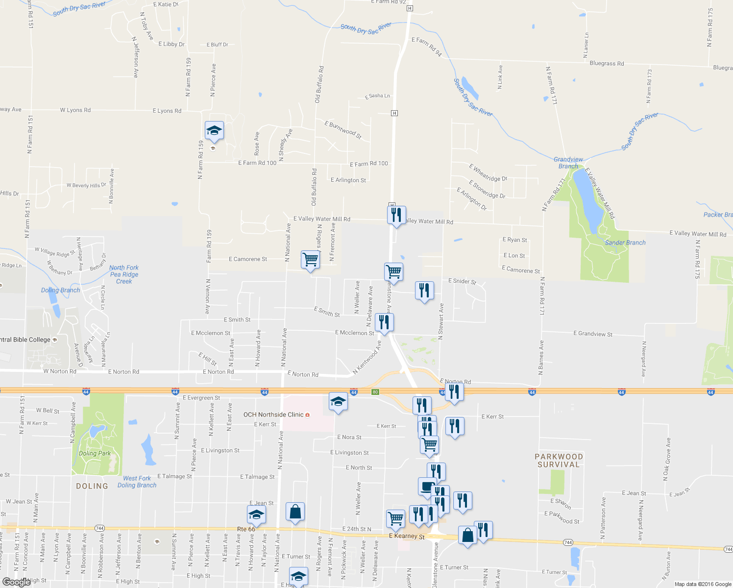 map of restaurants, bars, coffee shops, grocery stores, and more near 3311 North Delaware Avenue in Springfield